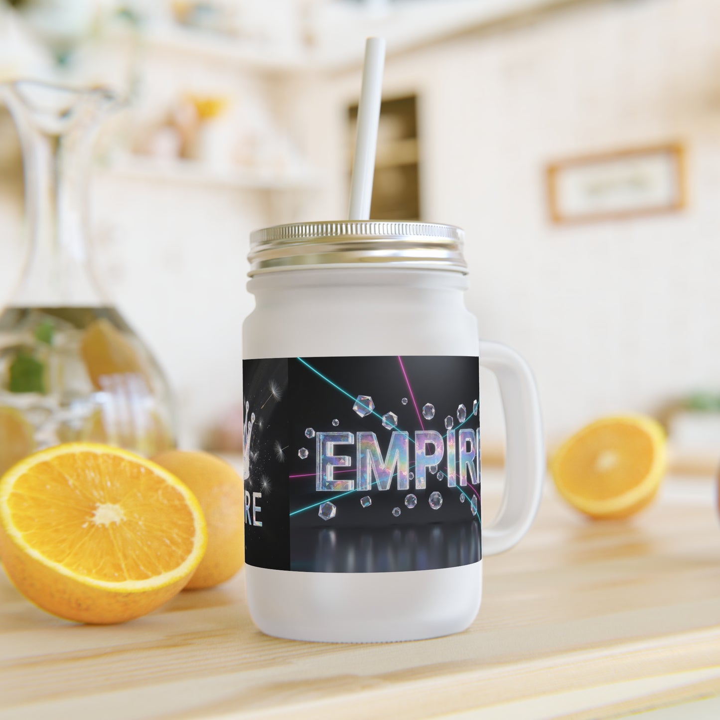 Mason Jar Tumbler with Crown Design — 12oz Glass with Straw