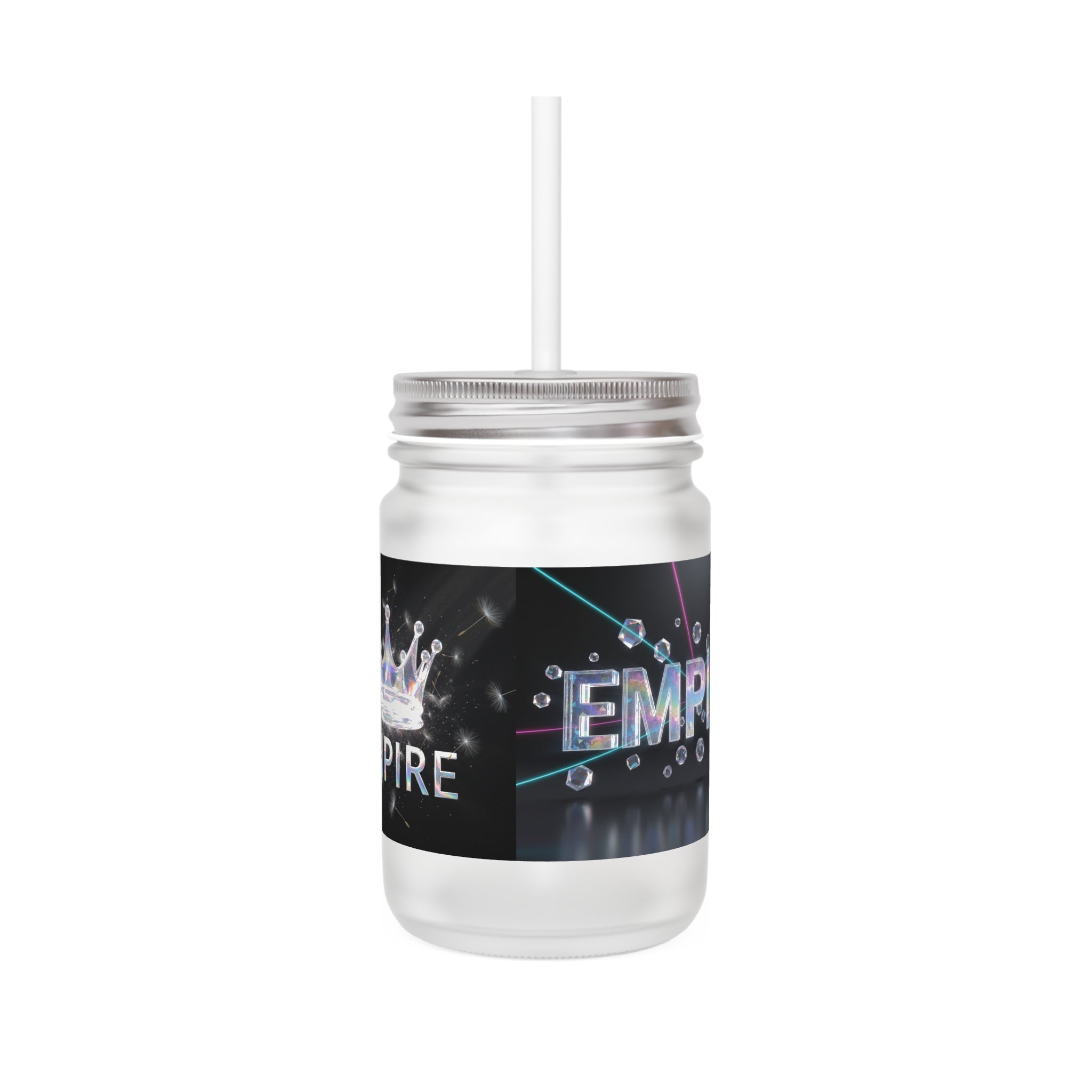 Mason Jar Tumbler with Crown Design — 12oz Glass with Straw