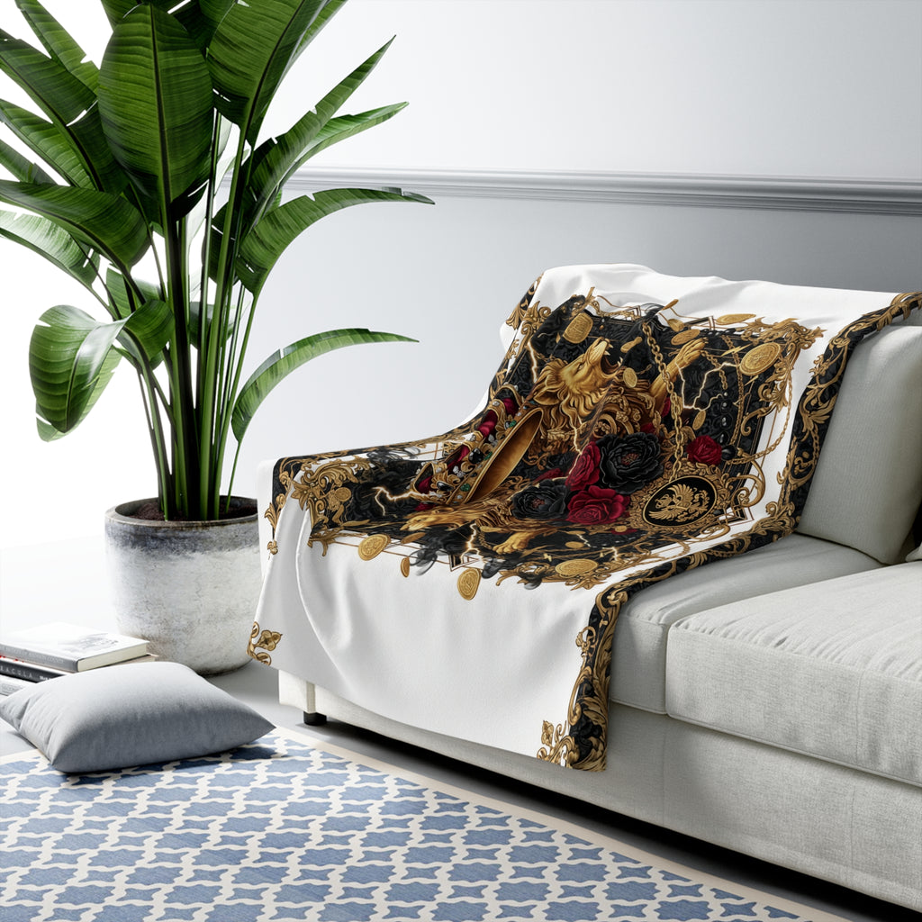 EMPIRE Baroque Crown Sherpa Blanket — Gold Rose Velvet Luxury Throw
