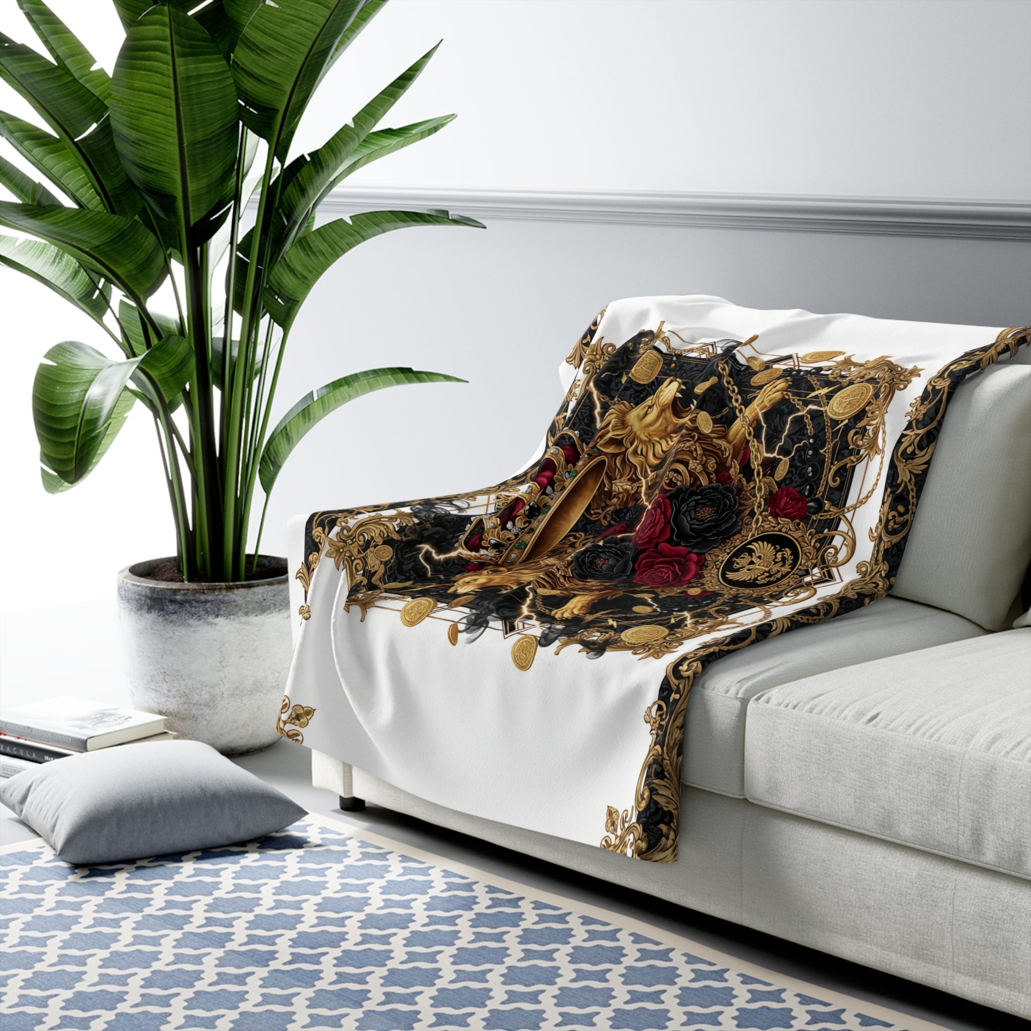 EMPIRE Baroque Crown Sherpa Blanket — Gold Rose Velvet Luxury Throw
