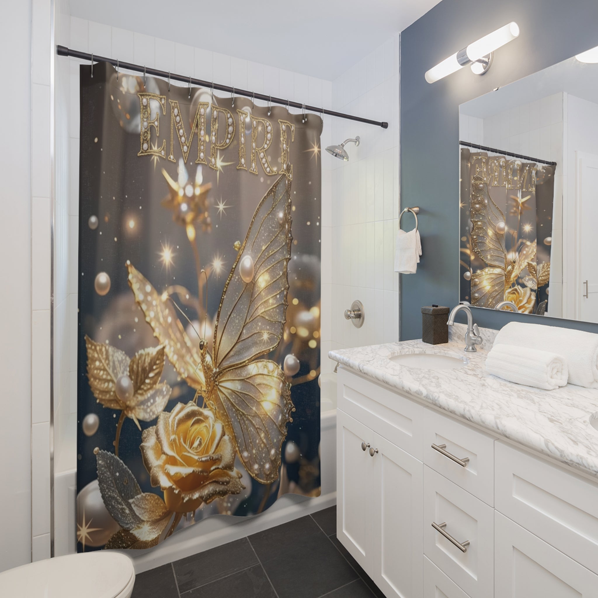 EMPIRE Gold Butterfly Shower Curtain — Luxury Rose & Pearl Bath Decor