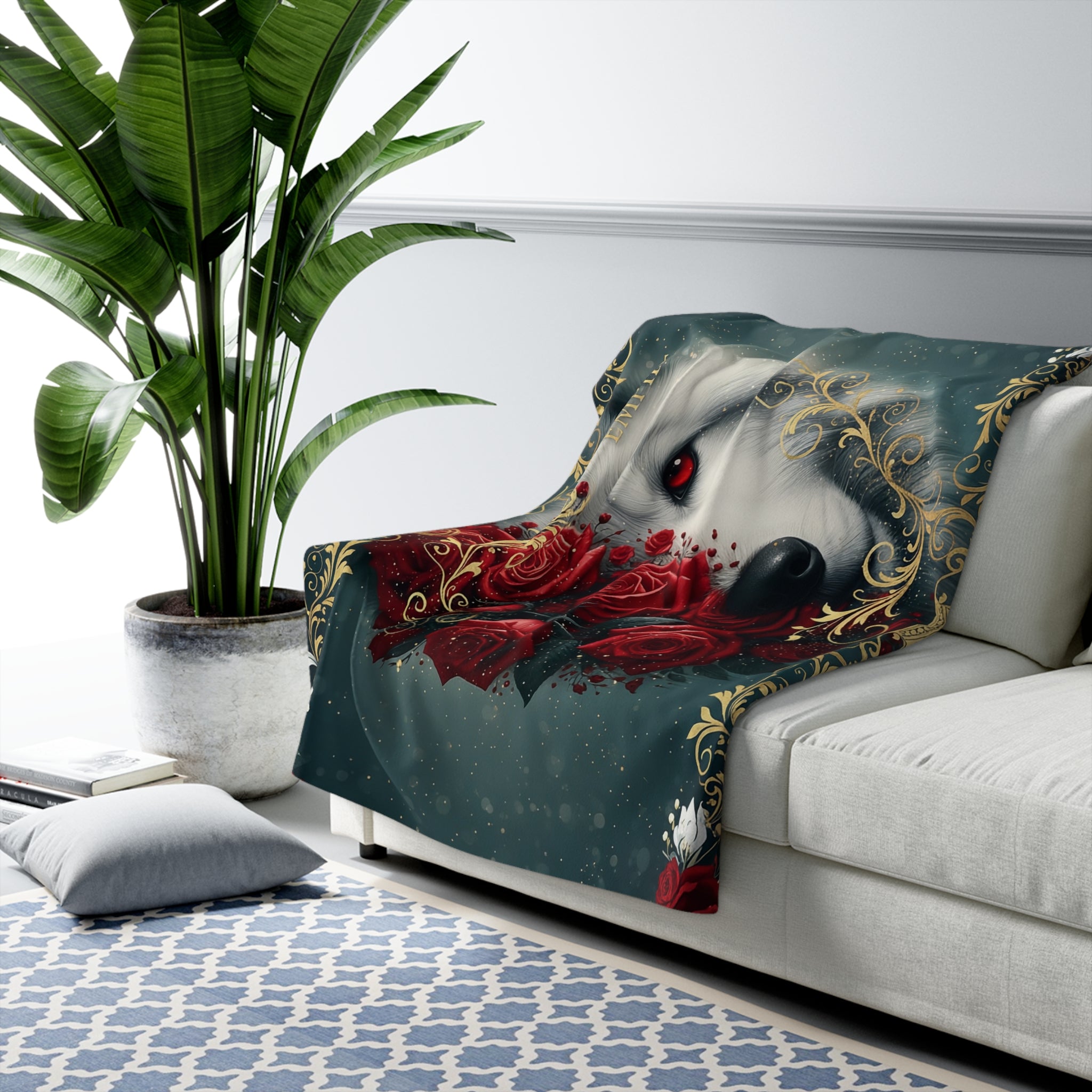 EMPIRE Gothic Wolf Sherpa Blanket — Red Roses Romantic Luxury Throw