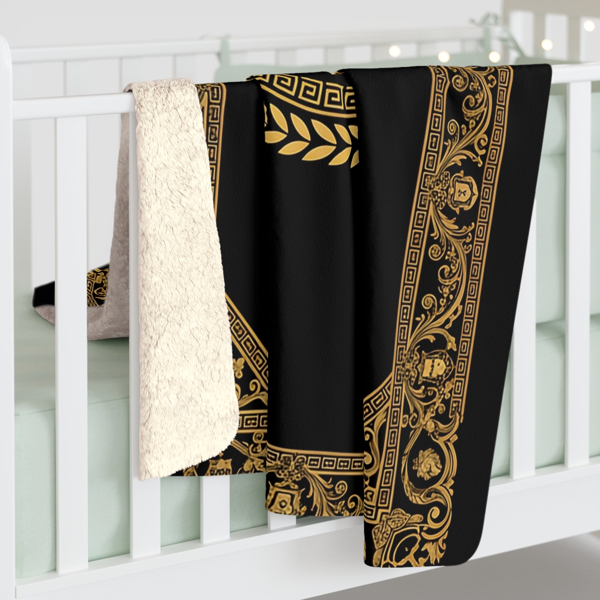 EMPIRE Greek Lion Sherpa Blanket — Golden Border Luxury Throw