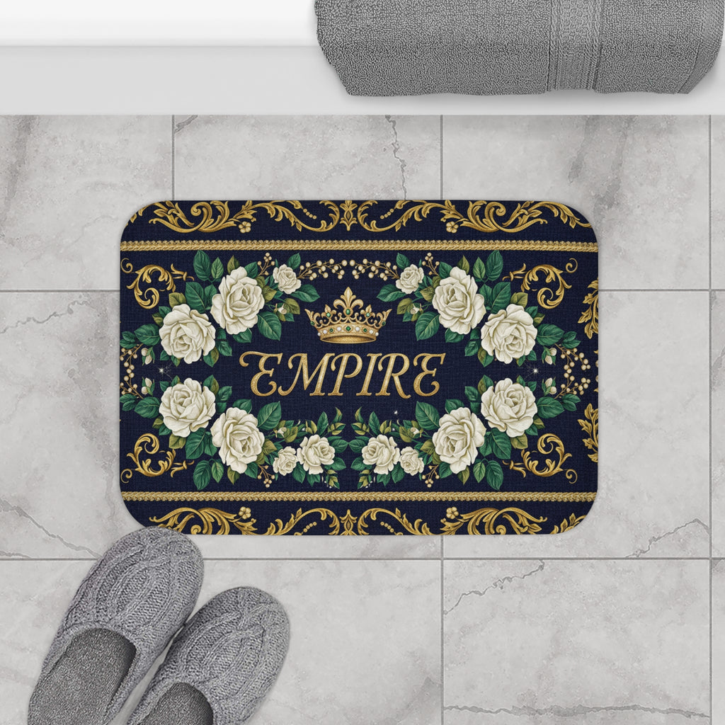 EMPIRE Bath Mat — Gold Crown & White Roses Floral Design
