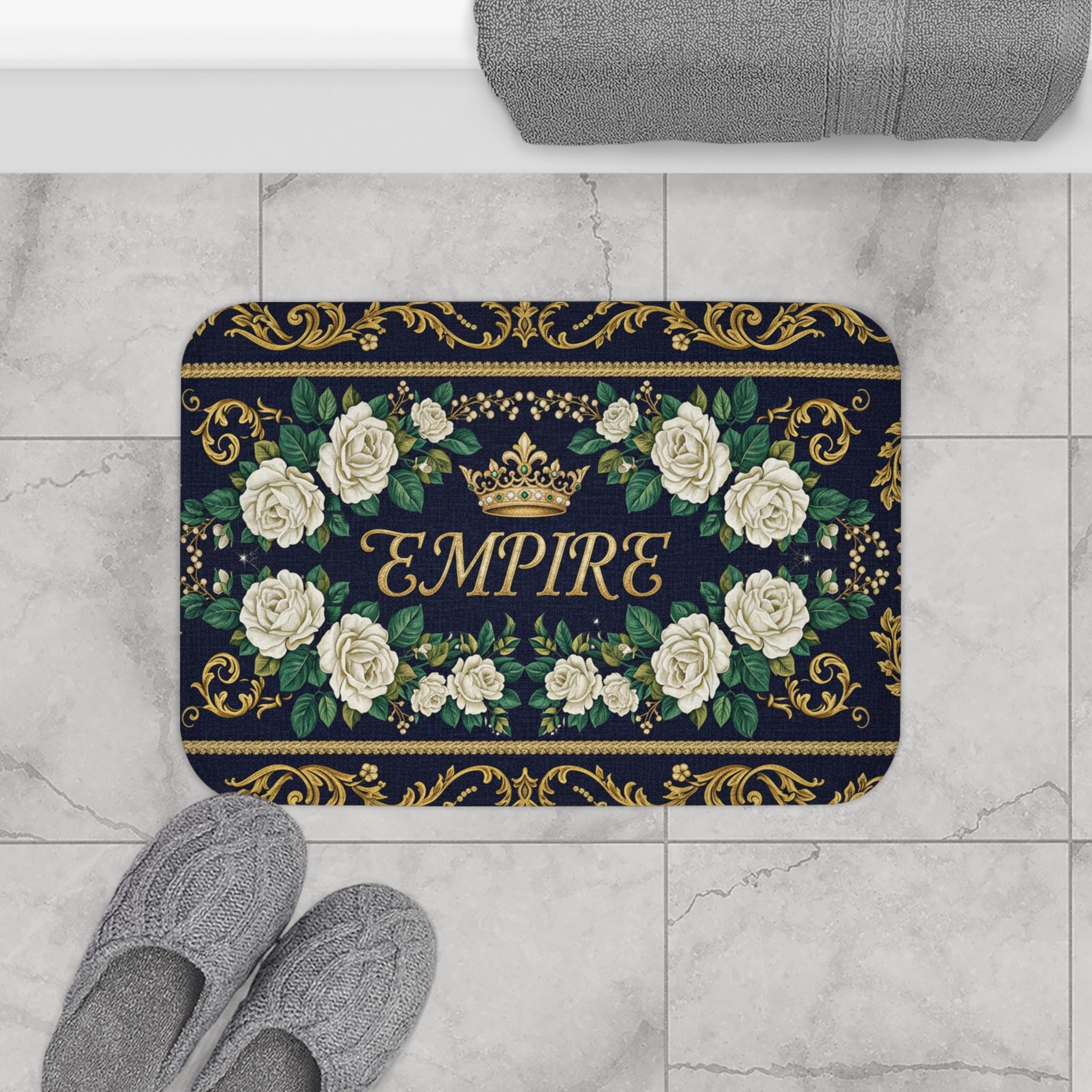 EMPIRE Bath Mat — Gold Crown & White Roses Floral Design