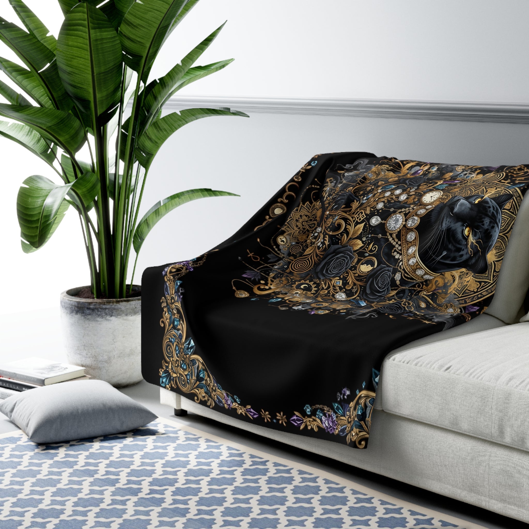 EMPIRE Gothic Panther Sherpa Blanket — Moonlit Floral Luxury Throw