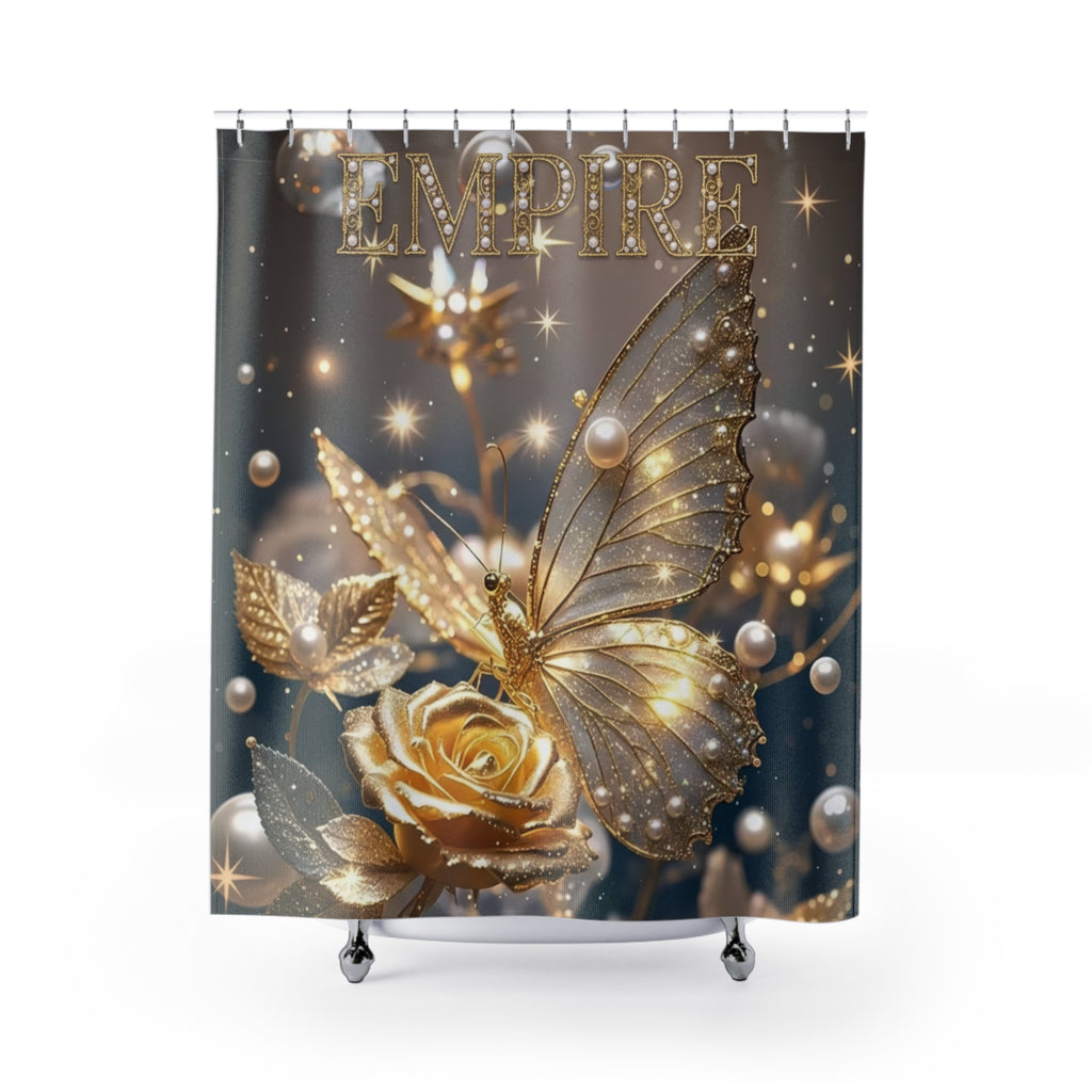 EMPIRE Gold Butterfly Shower Curtain — Luxury Rose & Pearl Bath Decor
