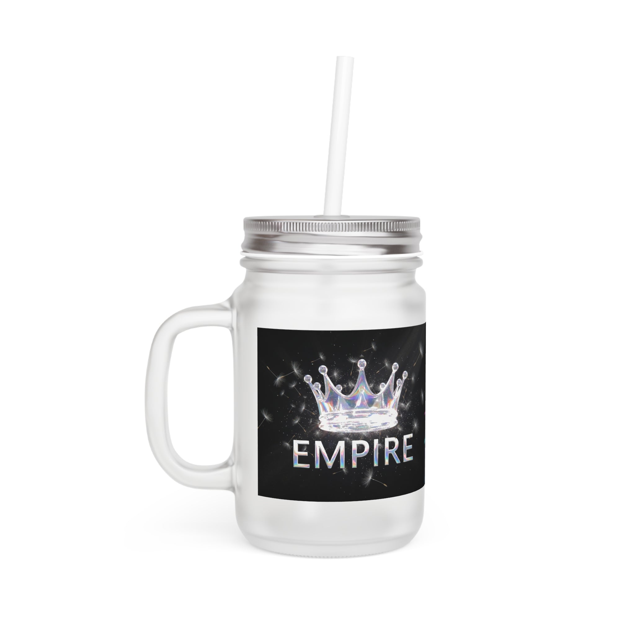 Mason Jar Tumbler with Crown Design — 12oz Glass with Straw