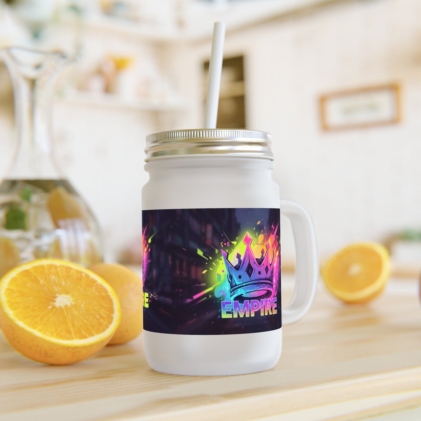 Mason Jar Tumbler with Graffiti Crown — 12oz Frosted Glass