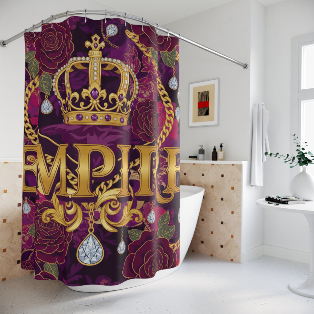 EMPIRE Shower Curtain — Luxe Gold Crown & Ruby Rose Design