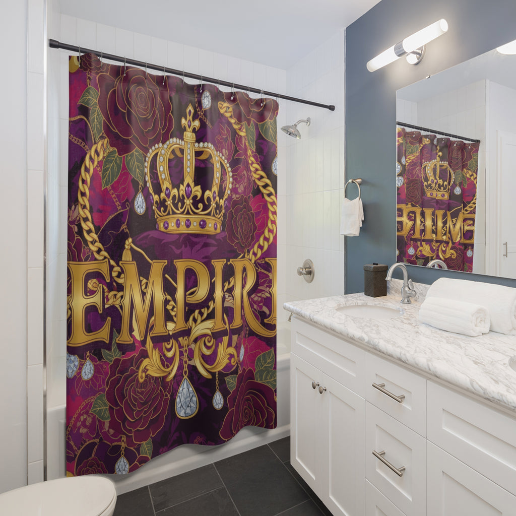 EMPIRE Shower Curtain — Luxe Gold Crown & Ruby Rose Design