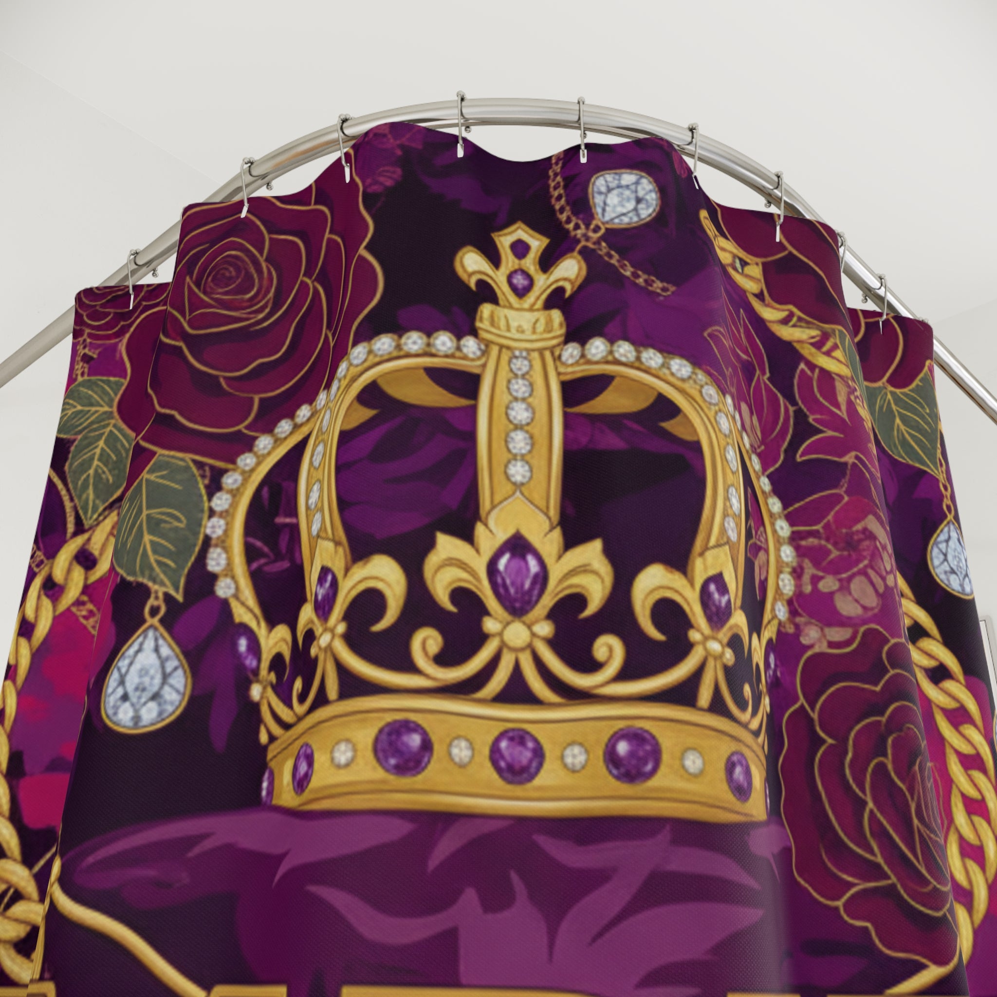 EMPIRE Shower Curtain — Luxe Gold Crown & Ruby Rose Design