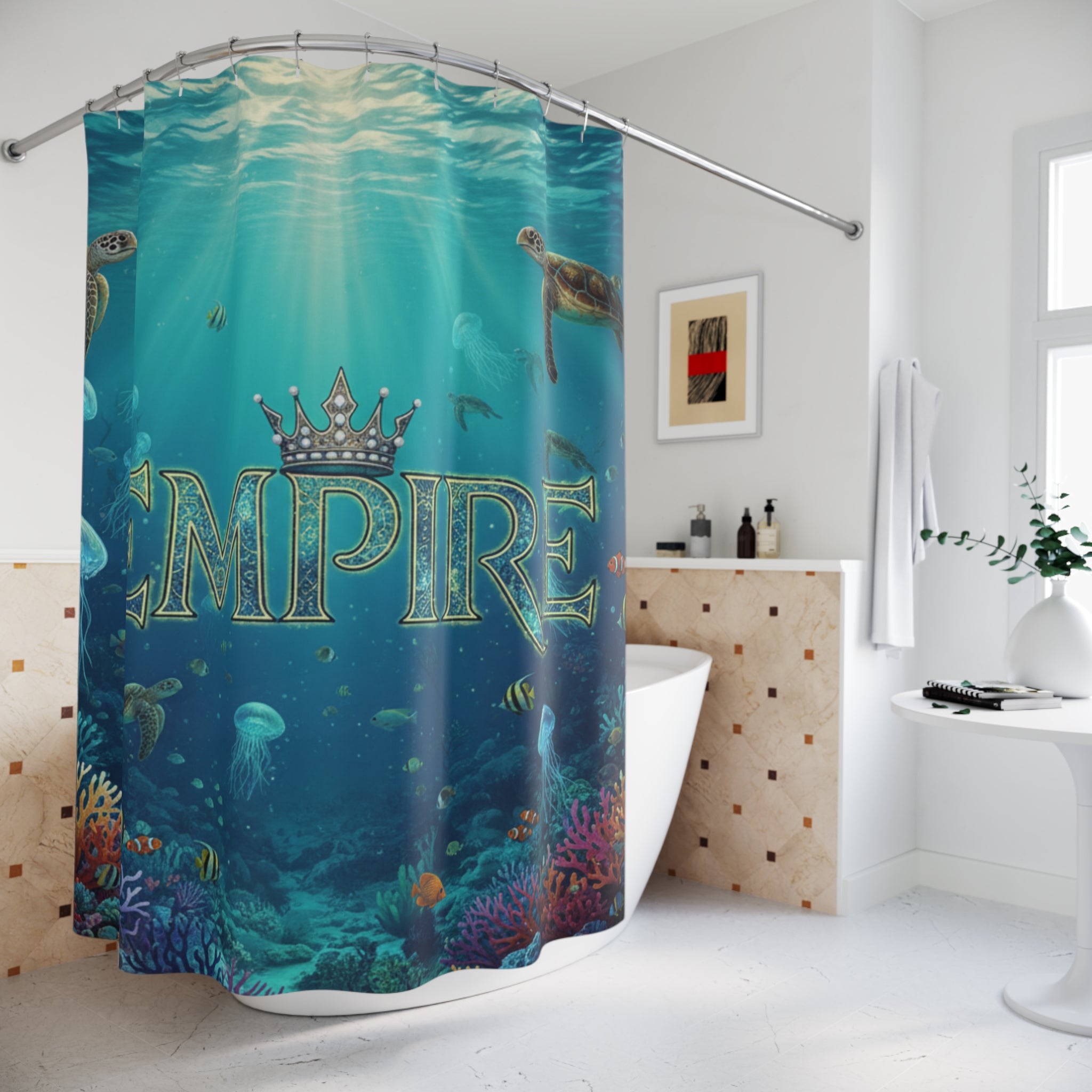 EMPIRE Shower Curtain — Underwater Ocean Turtle & Jellyfish Design