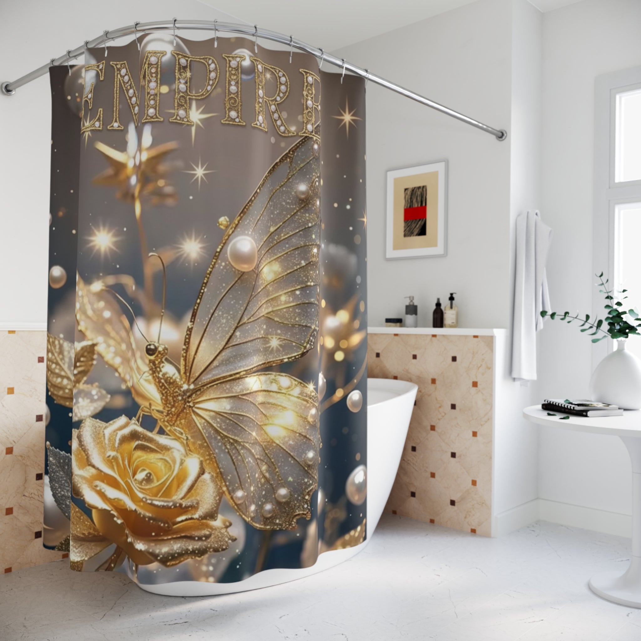 EMPIRE Gold Butterfly Shower Curtain — Luxury Rose & Pearl Bath Decor