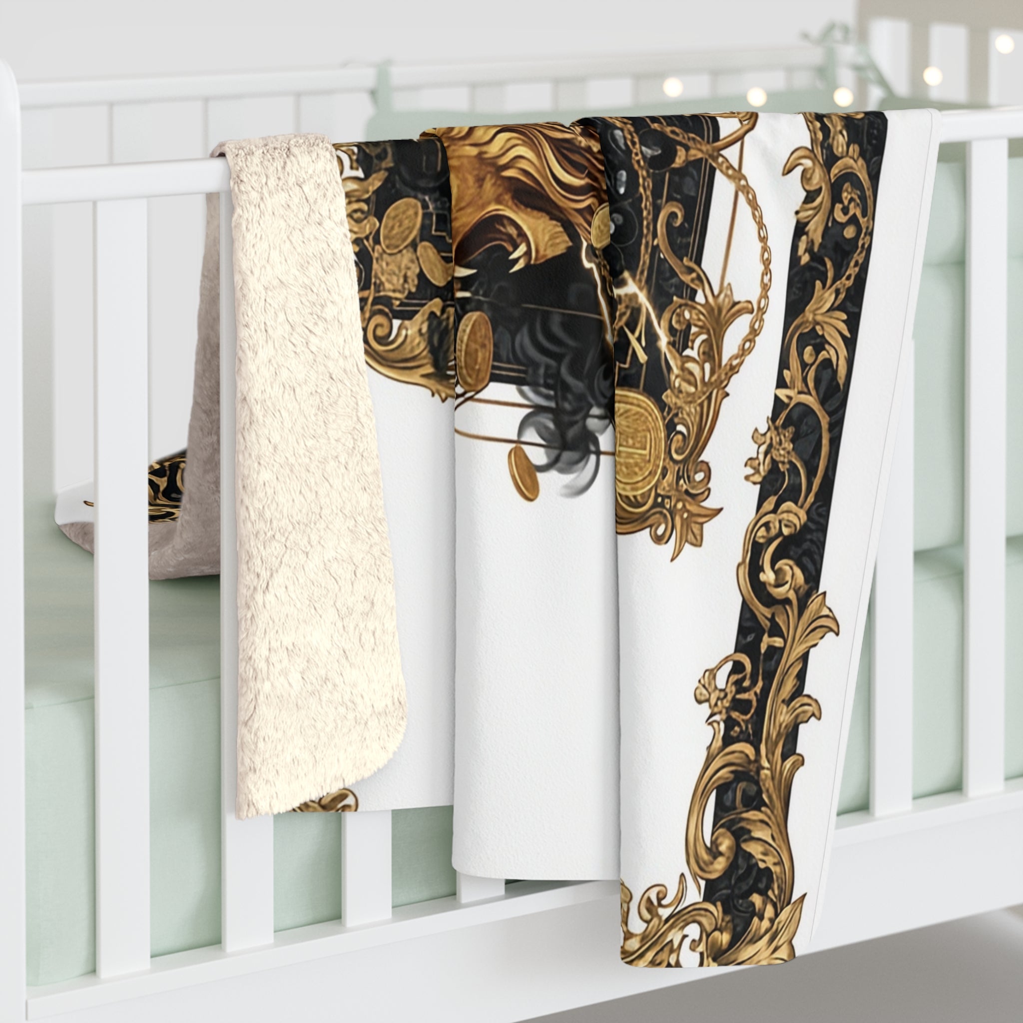 EMPIRE Baroque Crown Sherpa Blanket — Gold Rose Velvet Luxury Throw
