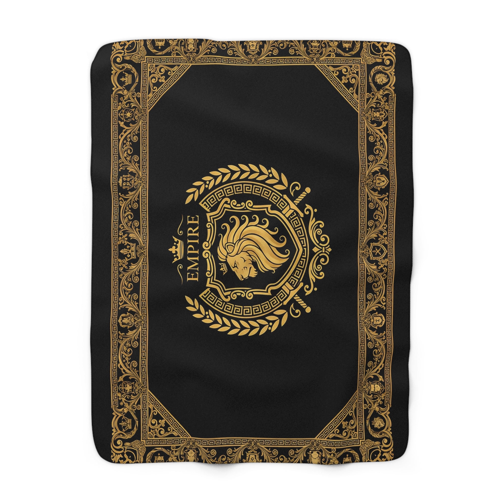 EMPIRE Greek Lion Sherpa Blanket — Golden Border Luxury Throw