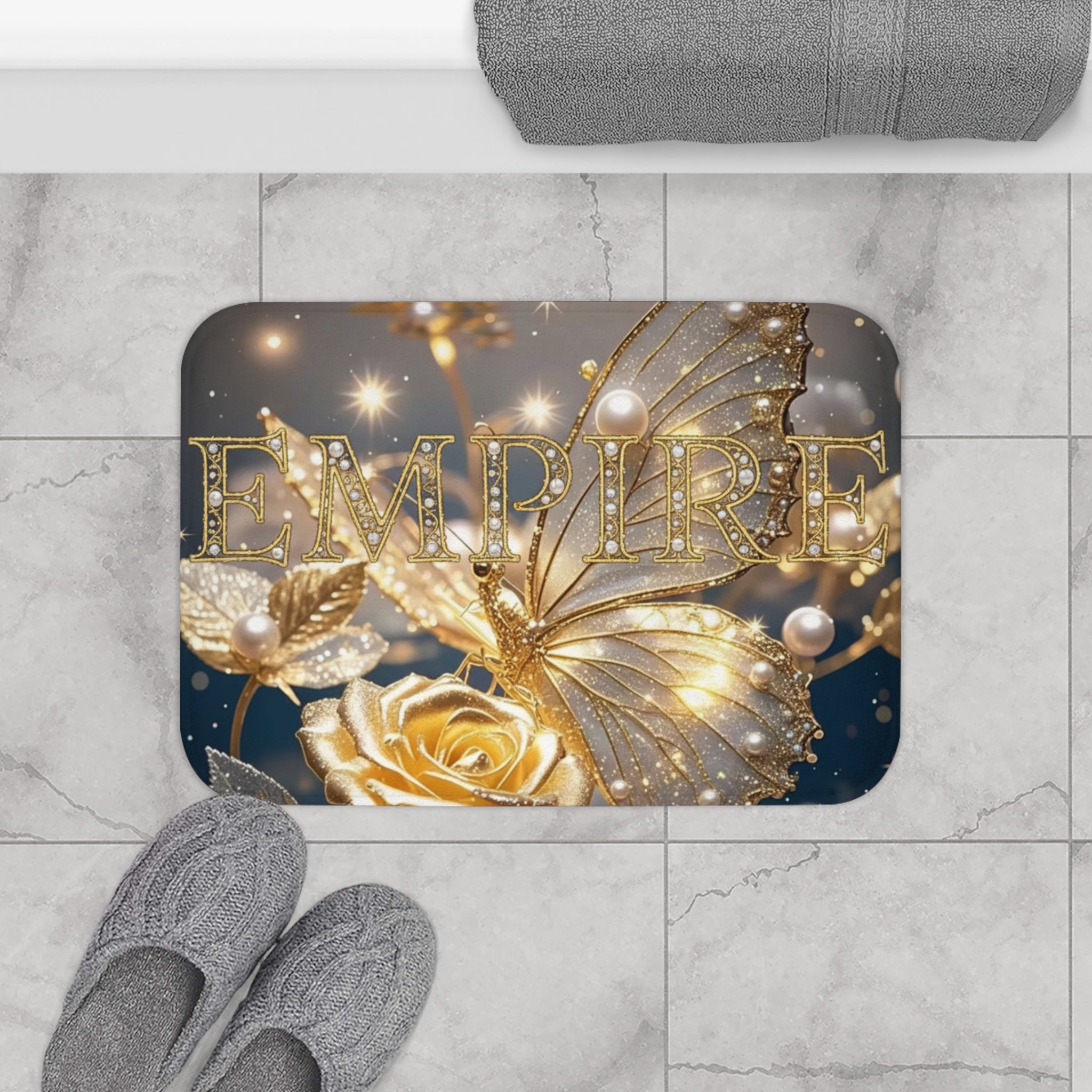 EMPIRE Gold Butterfly Bath Mat — Luxury Floral Pearl Decor