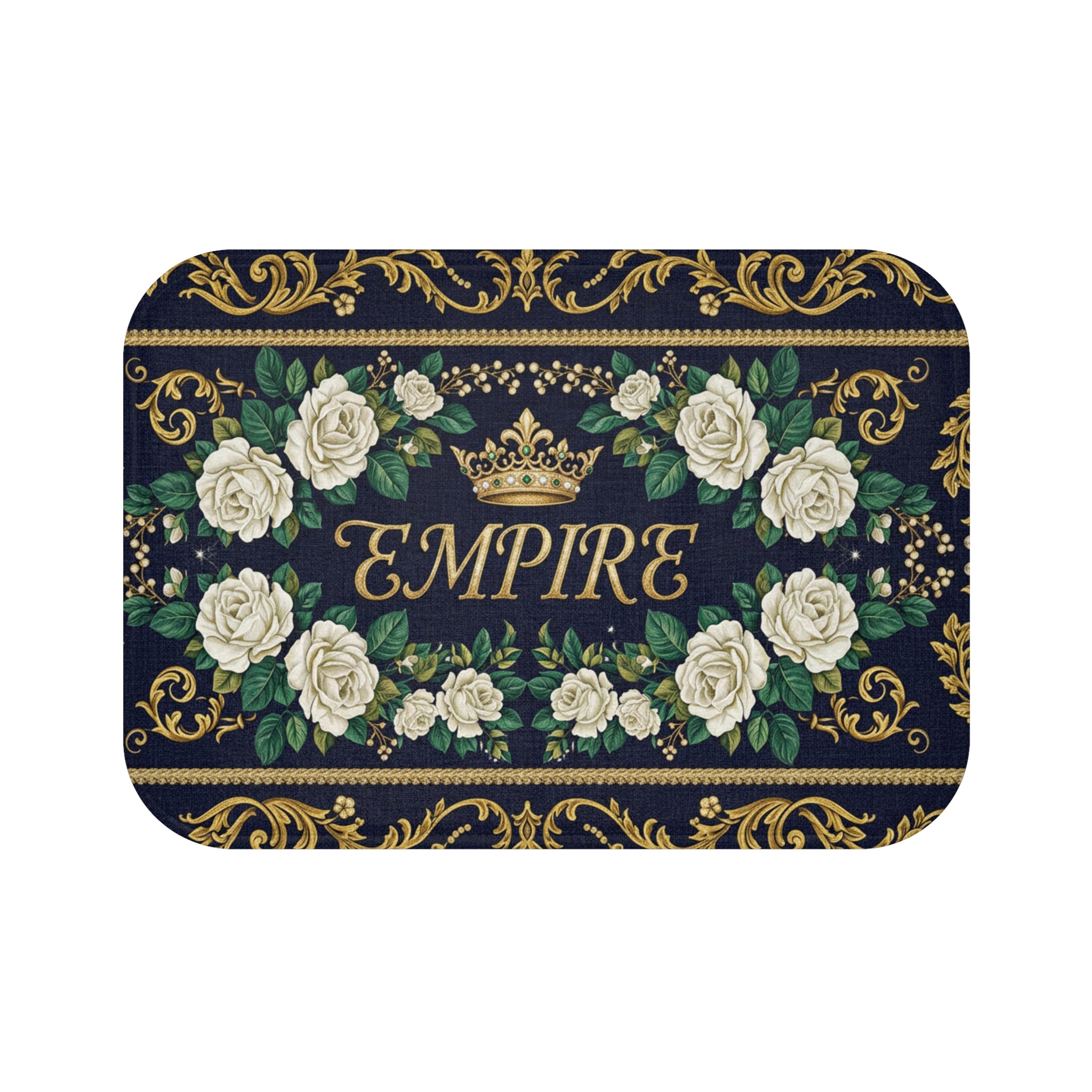 EMPIRE Bath Mat — Gold Crown & White Roses Floral Design