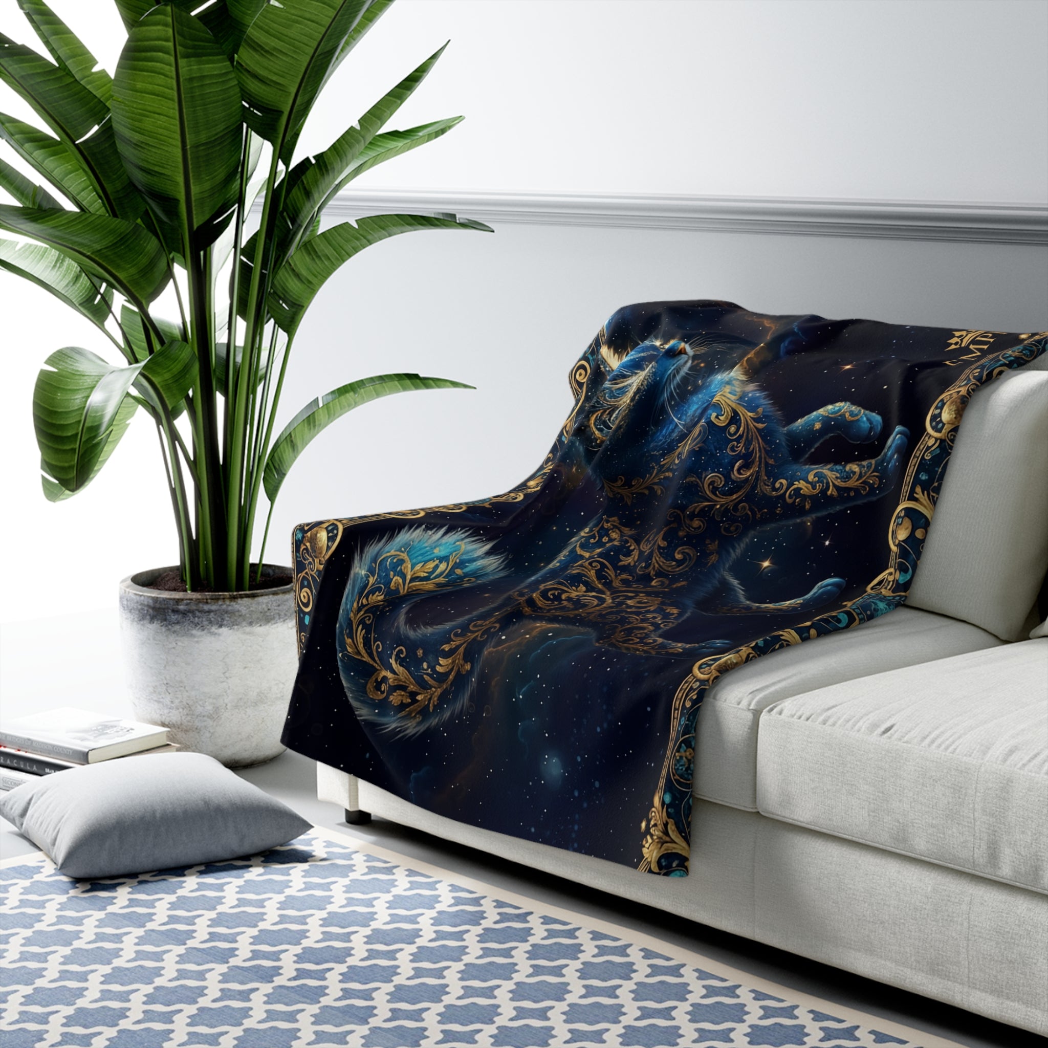 EMPIRE Celestial Cat Sherpa Blanket — Gold Ornate Galaxy Luxury Throw