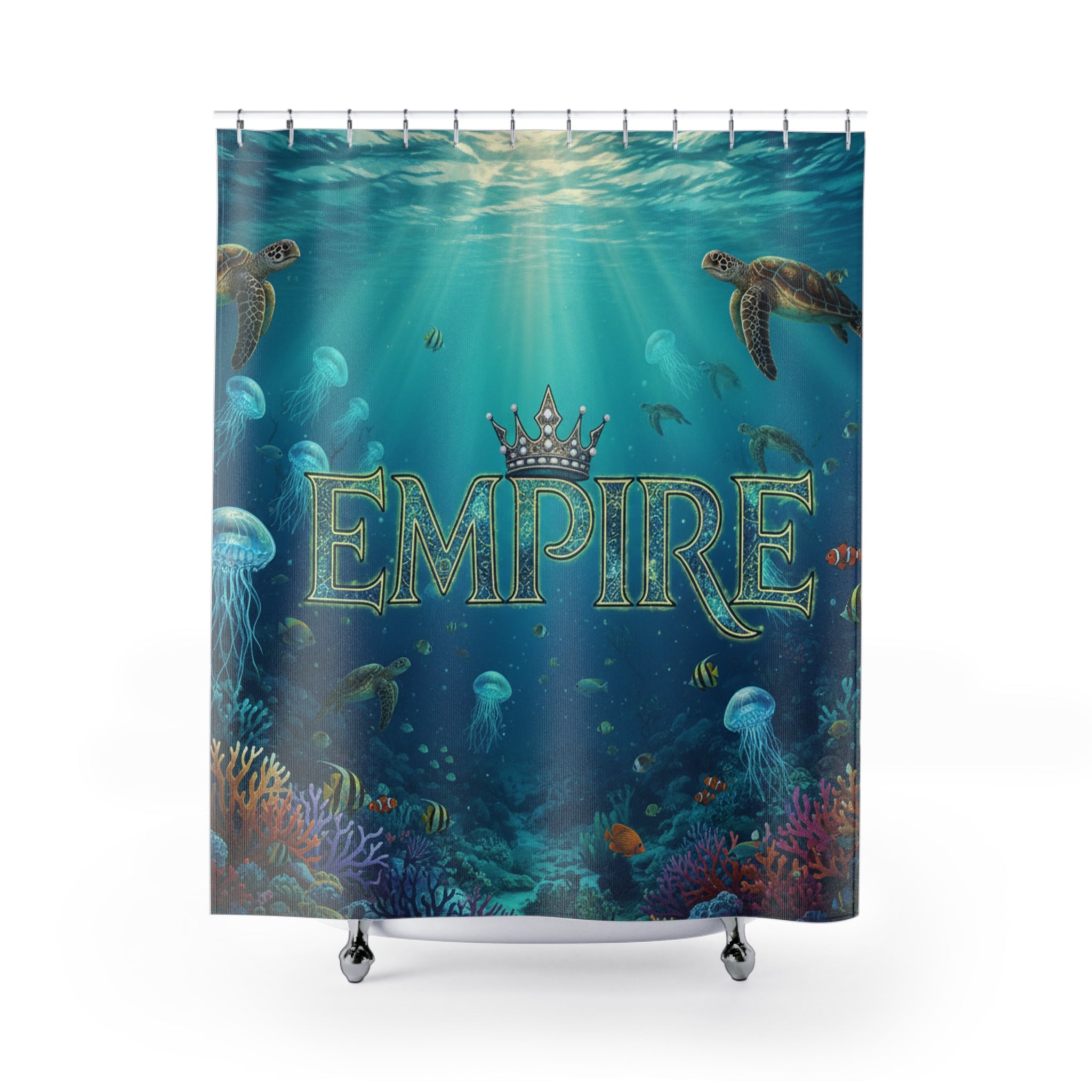EMPIRE Shower Curtain — Underwater Ocean Turtle & Jellyfish Design