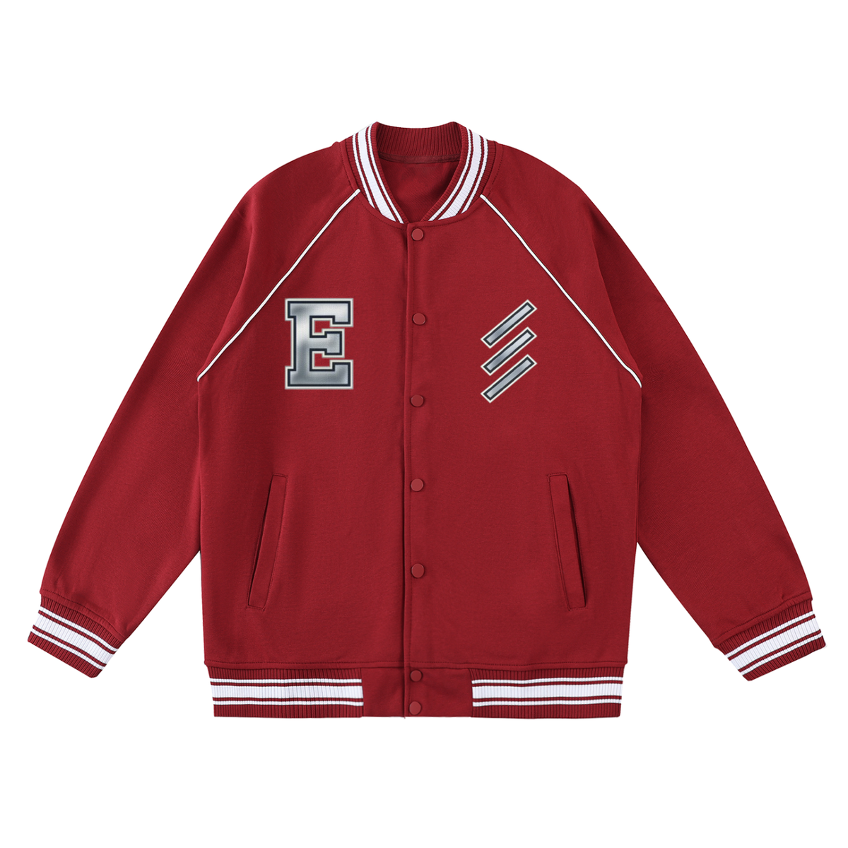 EMPIRE Men’s Contrast-Trim Raglan Varsity Jacket — Collegiate Guard Silver