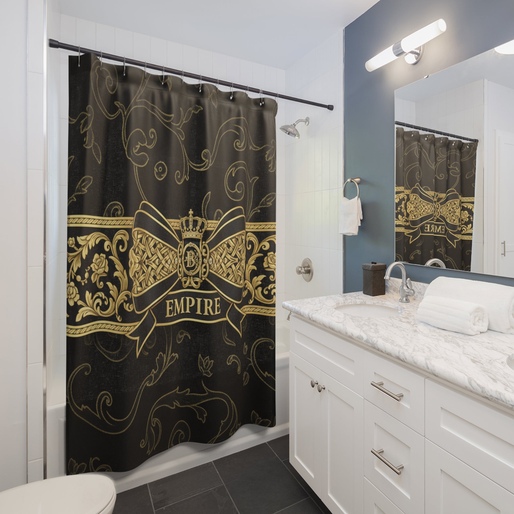 EMPIRE Shower Curtain — Gold Crest Black & Gold Regal Design