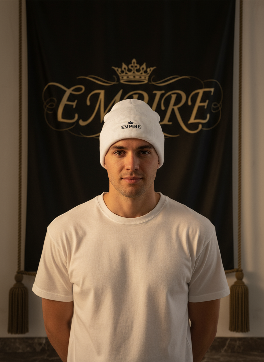 Bonnet EMPIRE blanc - Vue portée avec bannière