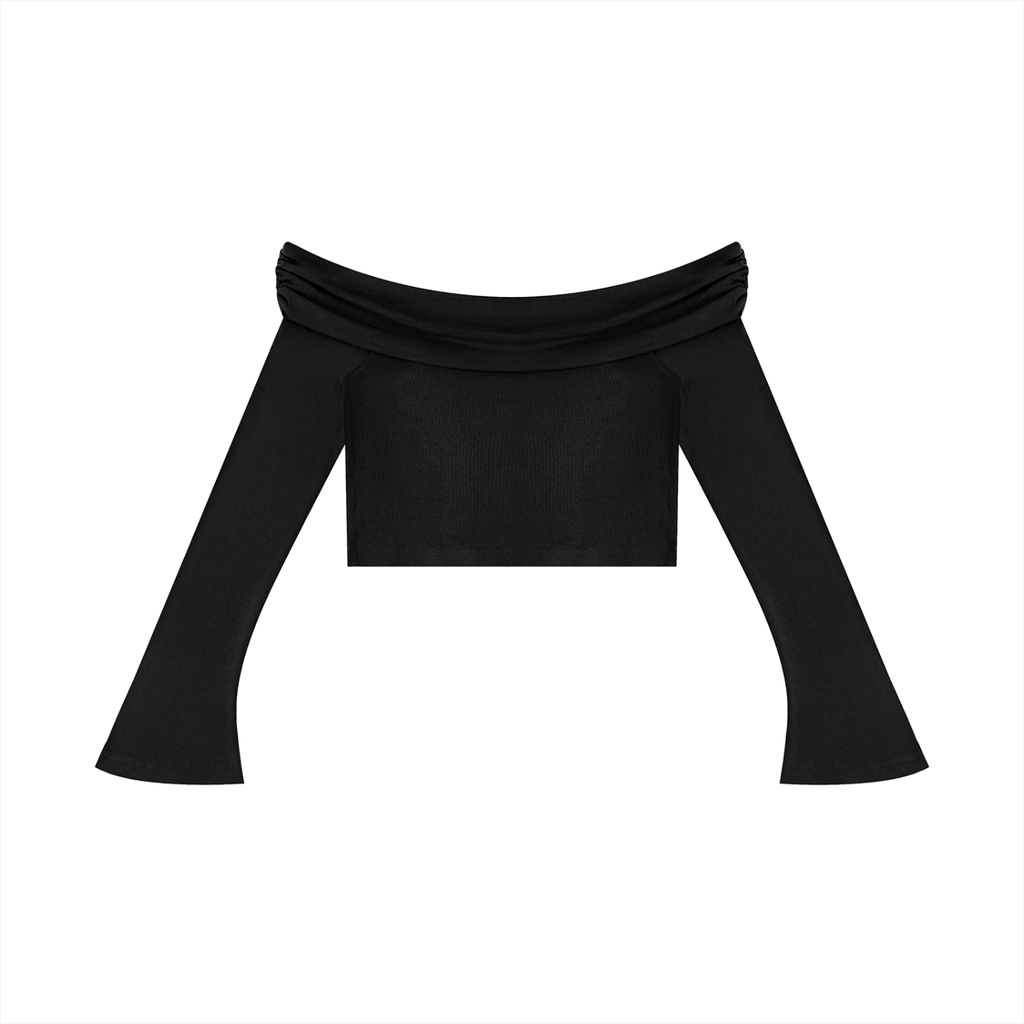 EMPIRE Off-Shoulder Bell Sleeve Crop Top — Sculpted Drama