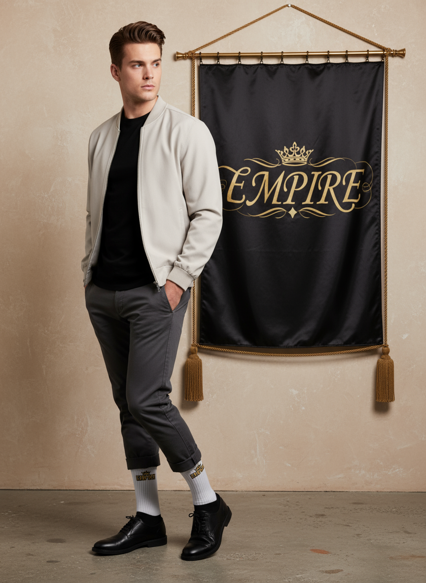 Chaussettes blanc noir EMPIRE doré vue profil