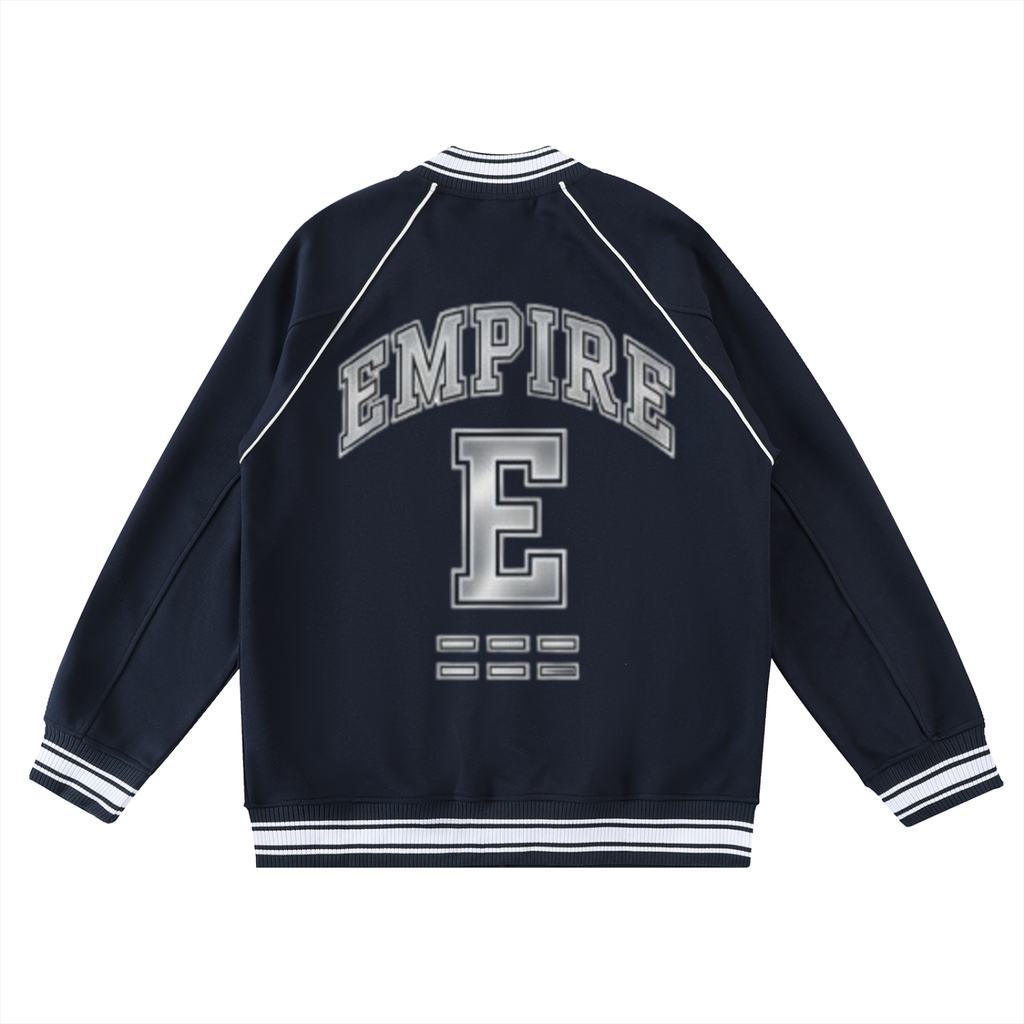 EMPIRE Men’s Contrast-Trim Raglan Varsity Jacket — Collegiate Guard Silver