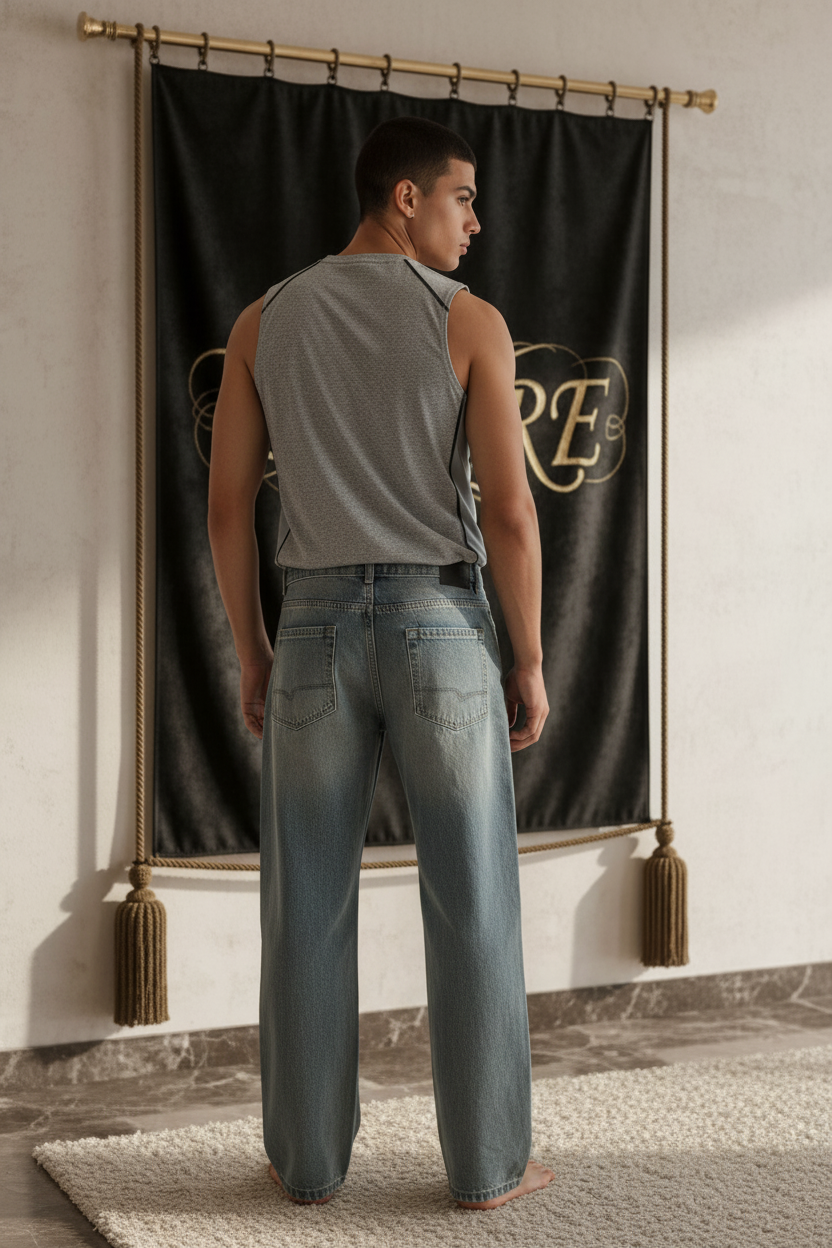 Empire - Barrel Leg Jean Bleu Tank Top Gris Homme Dos