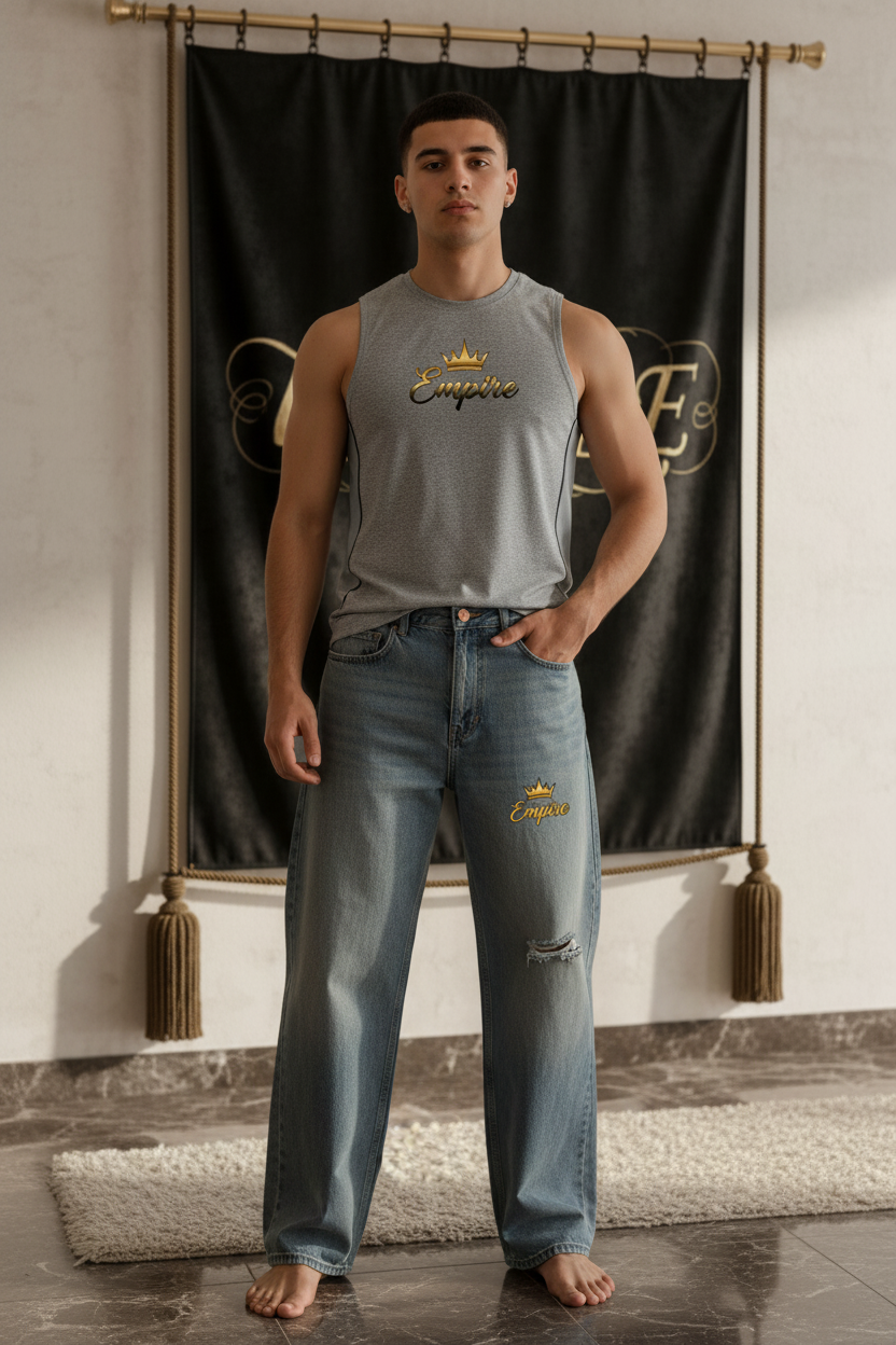 Empire - Barrel Leg Jean Bleu Tank Top Gris Homme Face