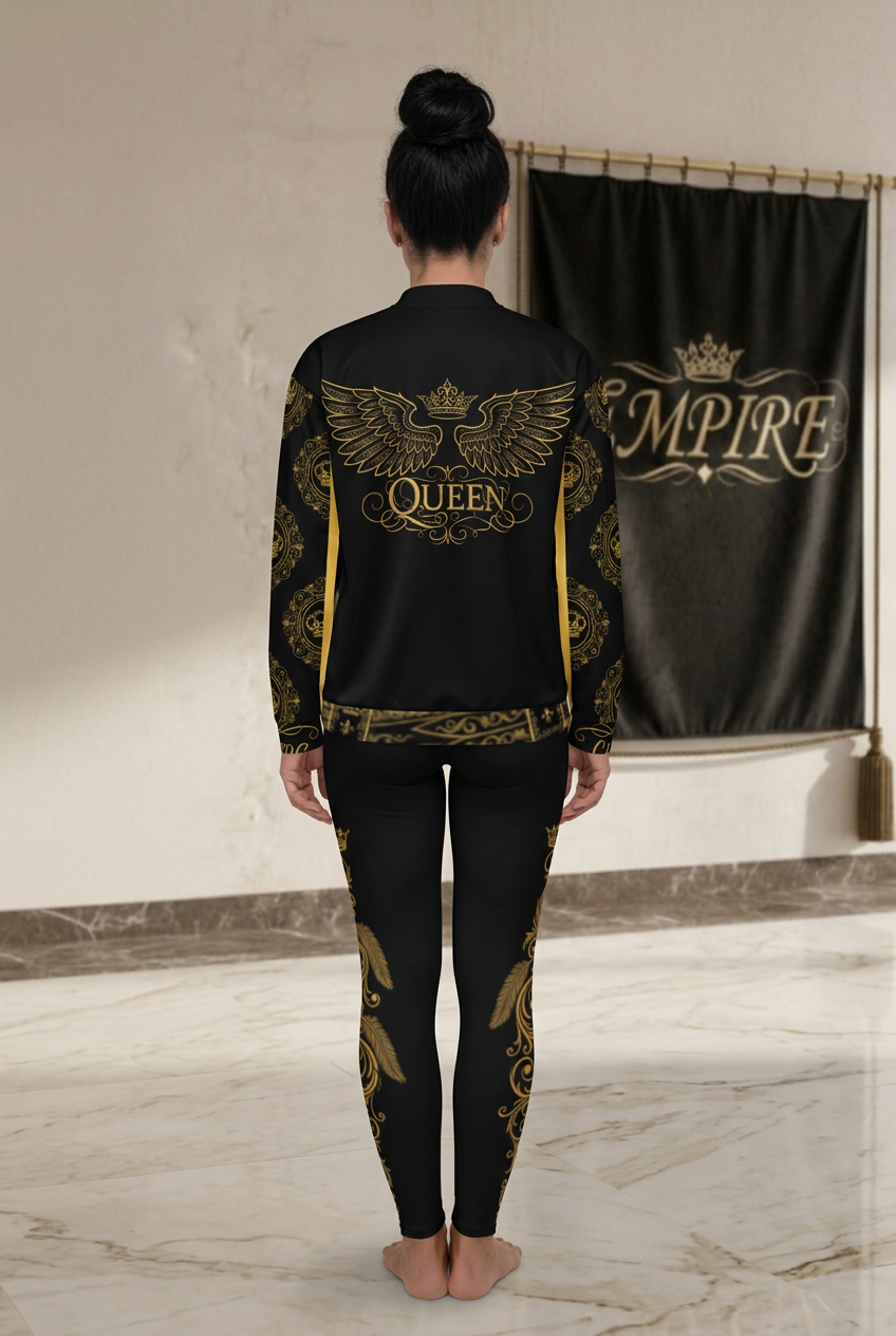 EMPIRE women's Queen bomber with gold-toned wings, crown and QUEEN lettering and baroque leggings, worn back view.