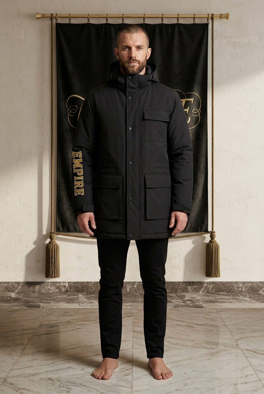 Parka noire homme EMPIRE Excursion, marquage doré sur la manche droite, vue de face portée