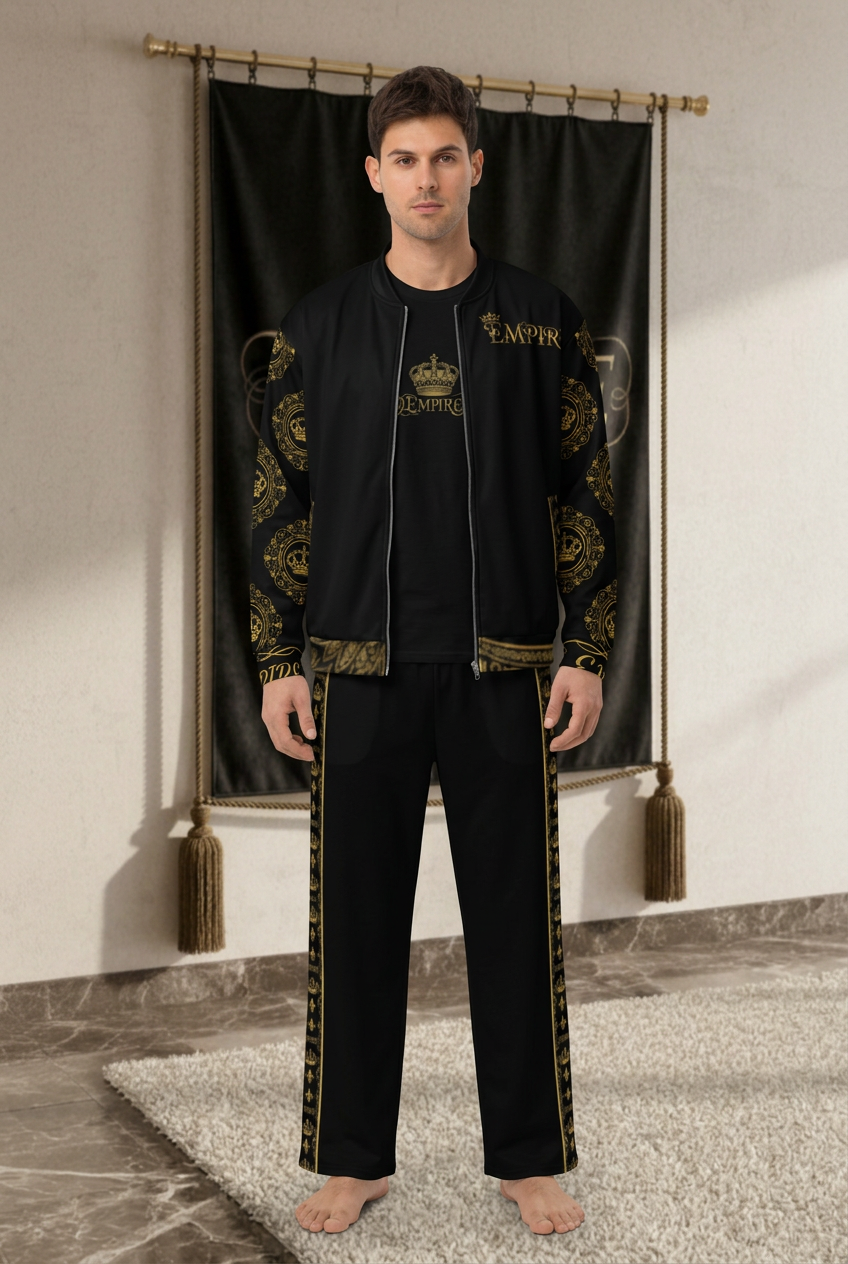 EMPIRE men's King set, open black and gold-toned bomber, Crown T-shirt and wide-leg pants, worn front view.
