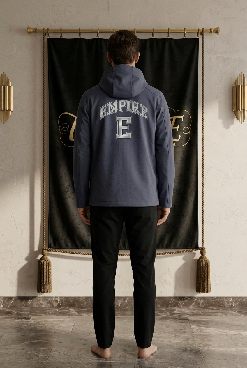 Veste à capuche homme EMPIRE All-Weather bleu ardoise, motif argenté EMPIRE et lettre E au dos, vue arrière portée