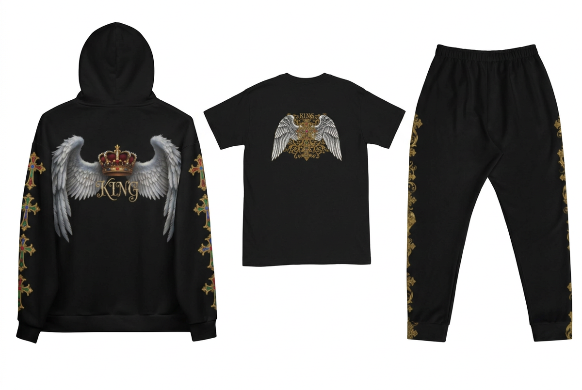 EMPIRE King hoodie and King Shield T-shirt with winged KING designs, alongside Baroque joggers, separate back views on white.