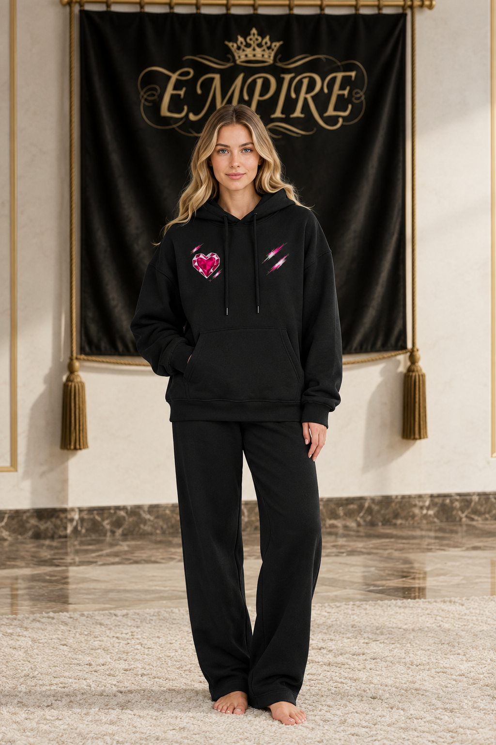Hoodie femme EMPIRE Garnet Rush noir à cordons, petit cœur grenat facetté et éclats rose et argent devant, vue de face sur mannequin