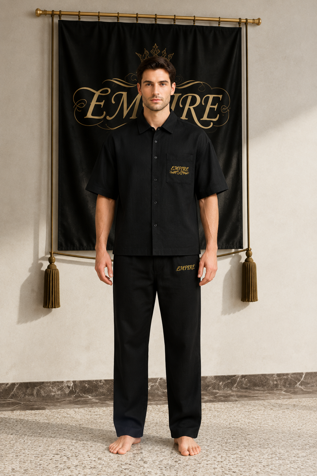 Black men's EMPIRE boxy short-sleeve button shirt with patch pocket and small gold ornamental wordmark, front view on barefoot male model