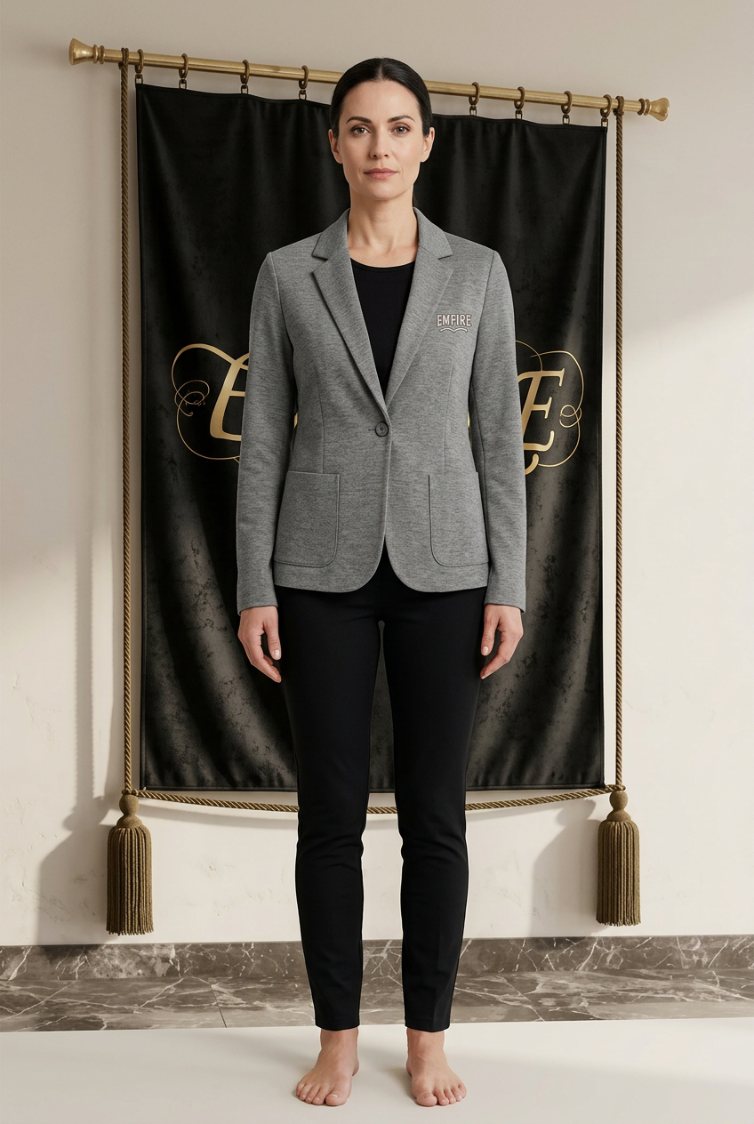Blazer gris femme EMPIRE Relaxed Knit à petit logo poitrine et poches plaquées, vue de face portée dans le décor EMPIRE