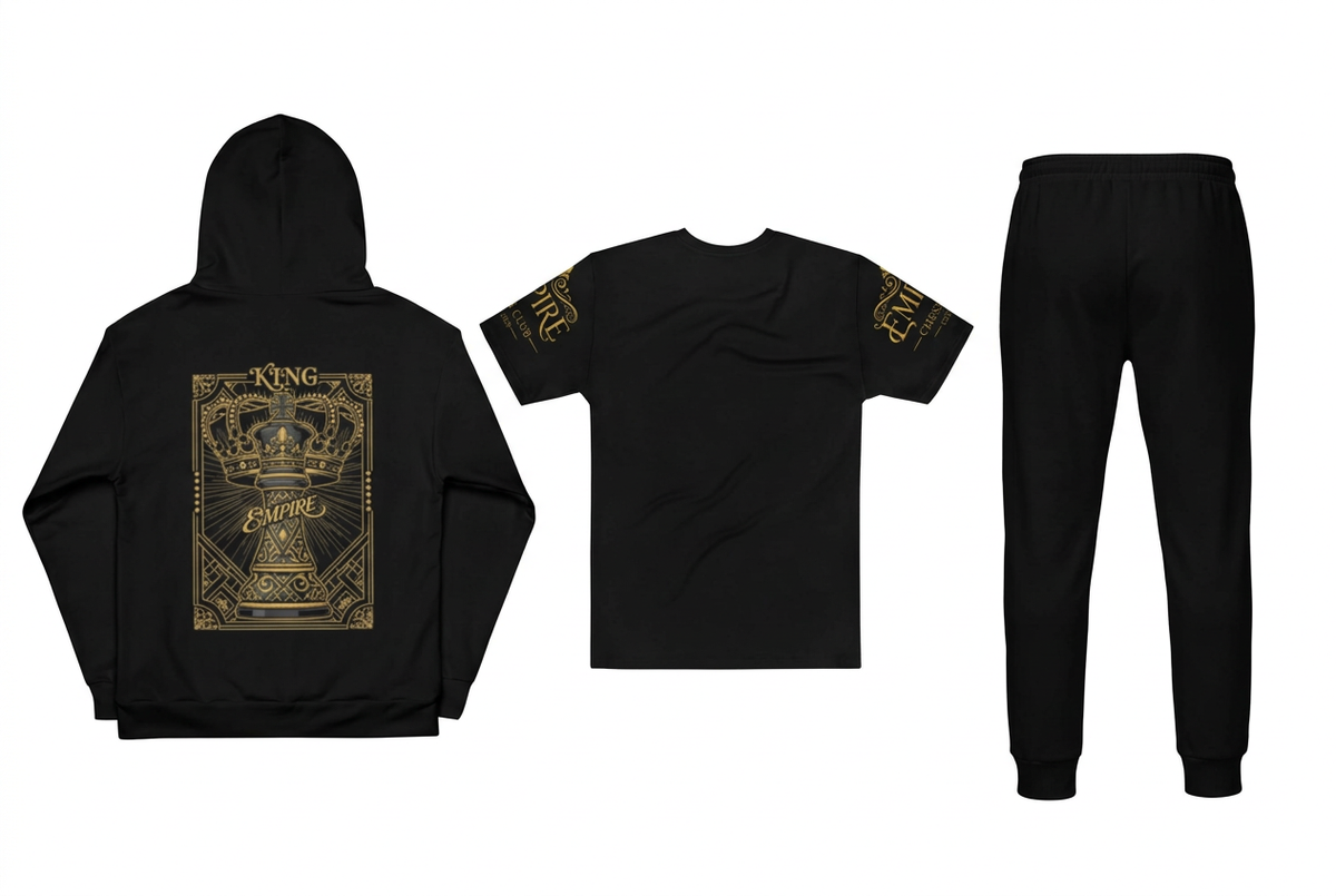 EMPIRE Chess Club hoodie, T-shirt and joggers, separate back views showing king artwork on the hoodie.
