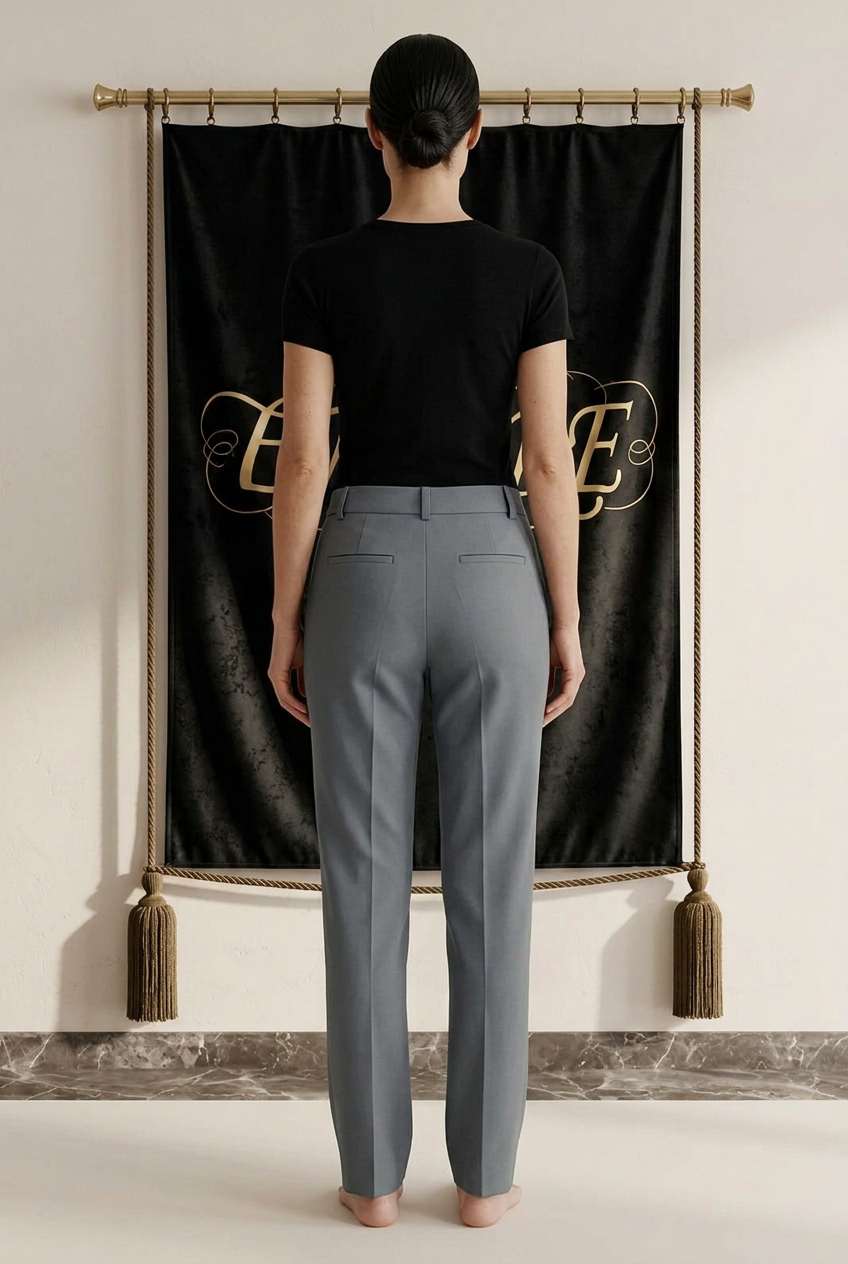 Pantalon gris femme EMPIRE Elegant Script, deux poches passepoilées au dos, vue arrière portée dans le décor EMPIRE