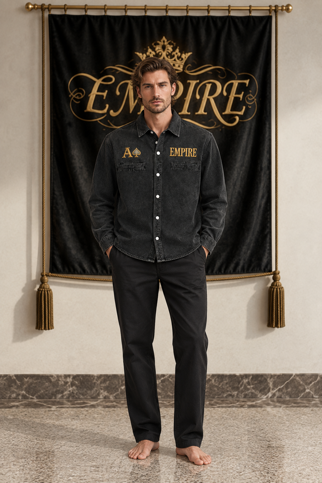 Black washed denim men's EMPIRE Royal Deck jacket with gold ace spade and EMPIRE chest graphics, front view