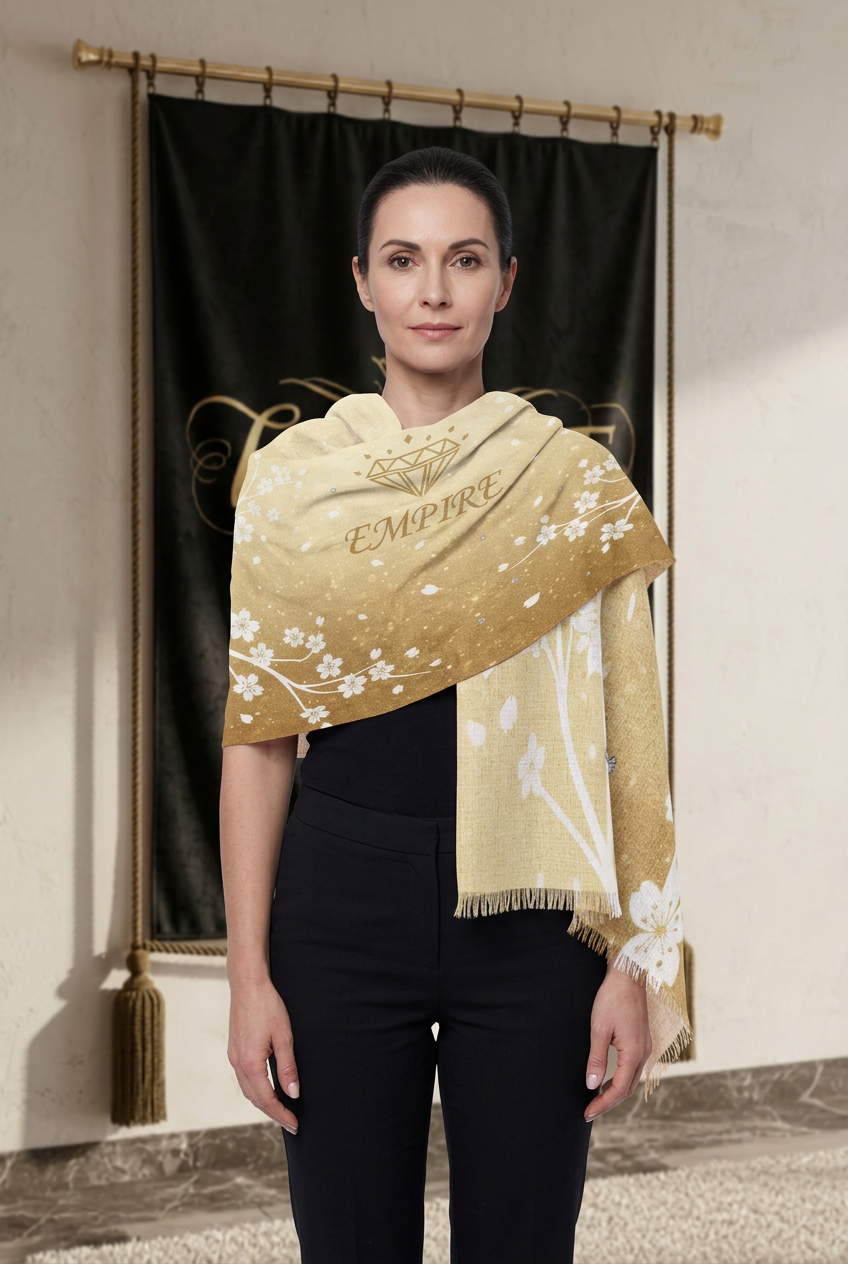 Foulard femme EMPIRE Floral Blossom crème et doré à branches fleuries blanches, drapé sur les épaules dans le décor EMPIRE