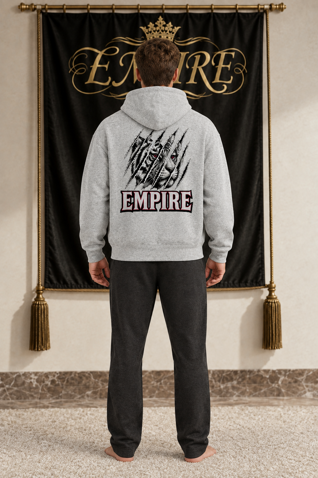 Light grey men's EMPIRE Iron Tiger Fragmenté drop-shoulder zip hoodie with fragmented tiger face and EMPIRE back graphic, back view