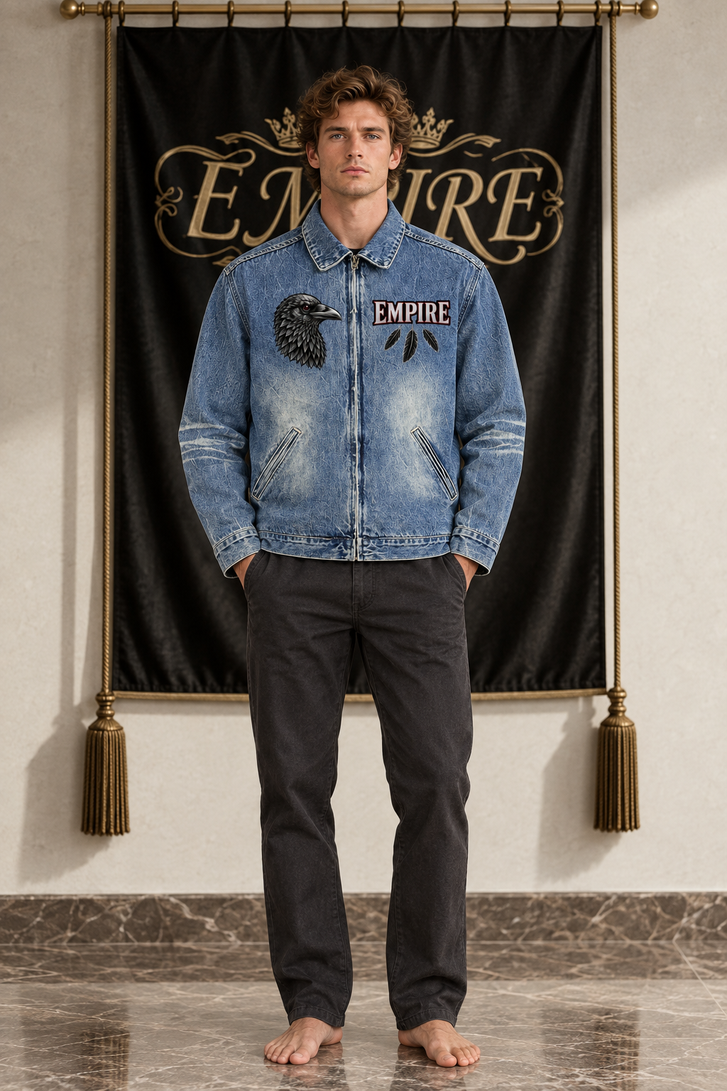 Light blue vintage-wash denim men's EMPIRE Flight Raven jacket with black raven head and chest wordmark, front view