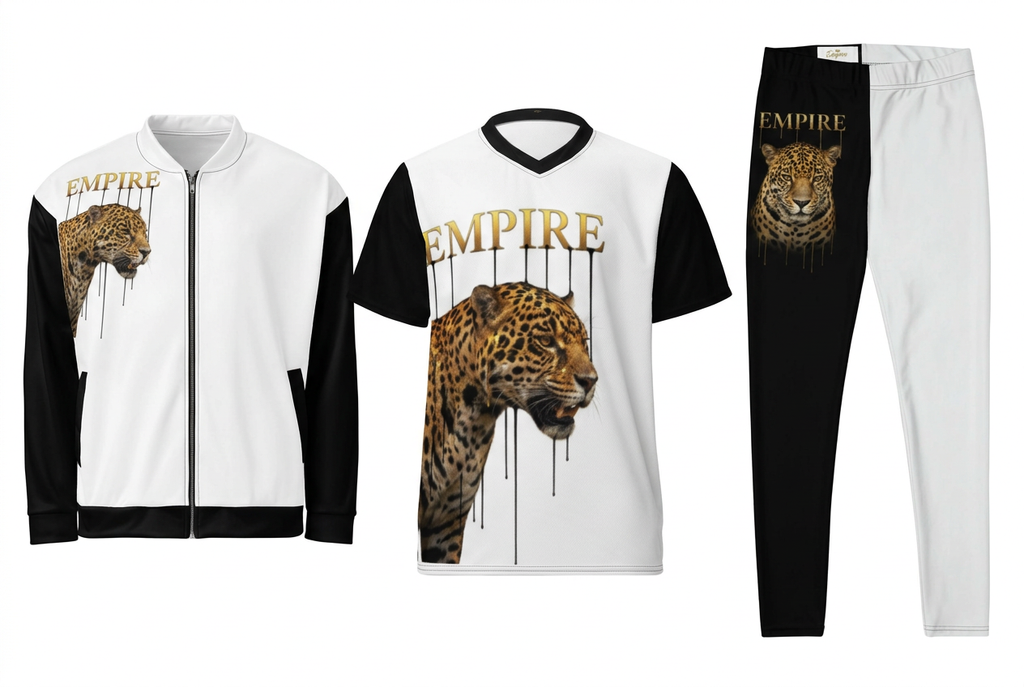 EMPIRE Luxury Leopard bomber jacket, V-neck sports jersey and leggings, separate front views.