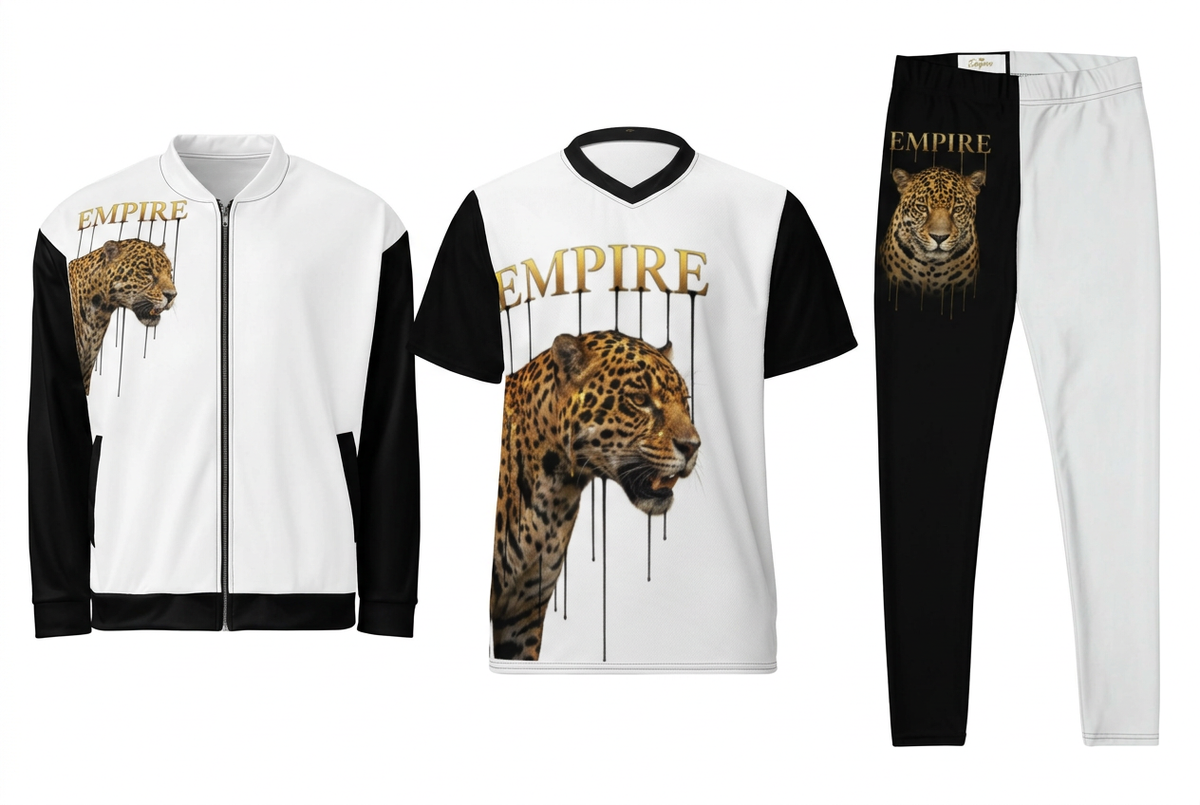 EMPIRE Luxury Leopard bomber jacket, V-neck sports jersey and leggings, separate front views.
