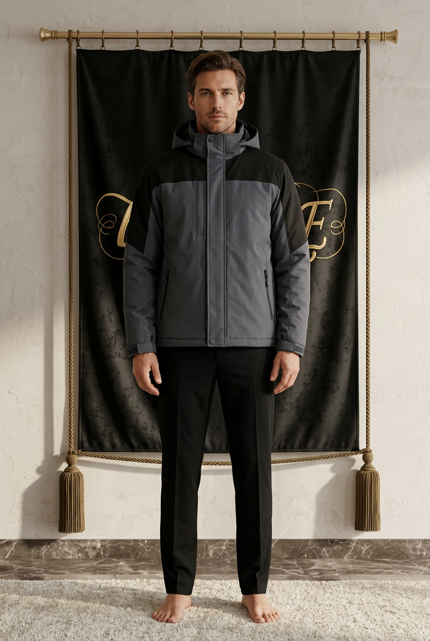 Veste homme EMPIRE Gold Letter grise et noire à capuche, vue de face portée