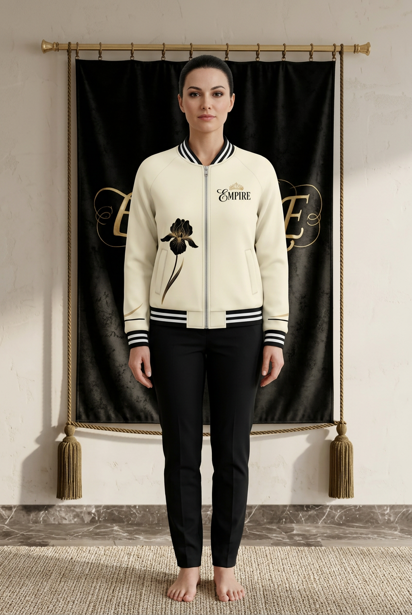 Veste varsity ivoire femme EMPIRE Gold Iris Graphique, iris noir et doré et logo couronné, vue de face portée dans le décor EMPIRE